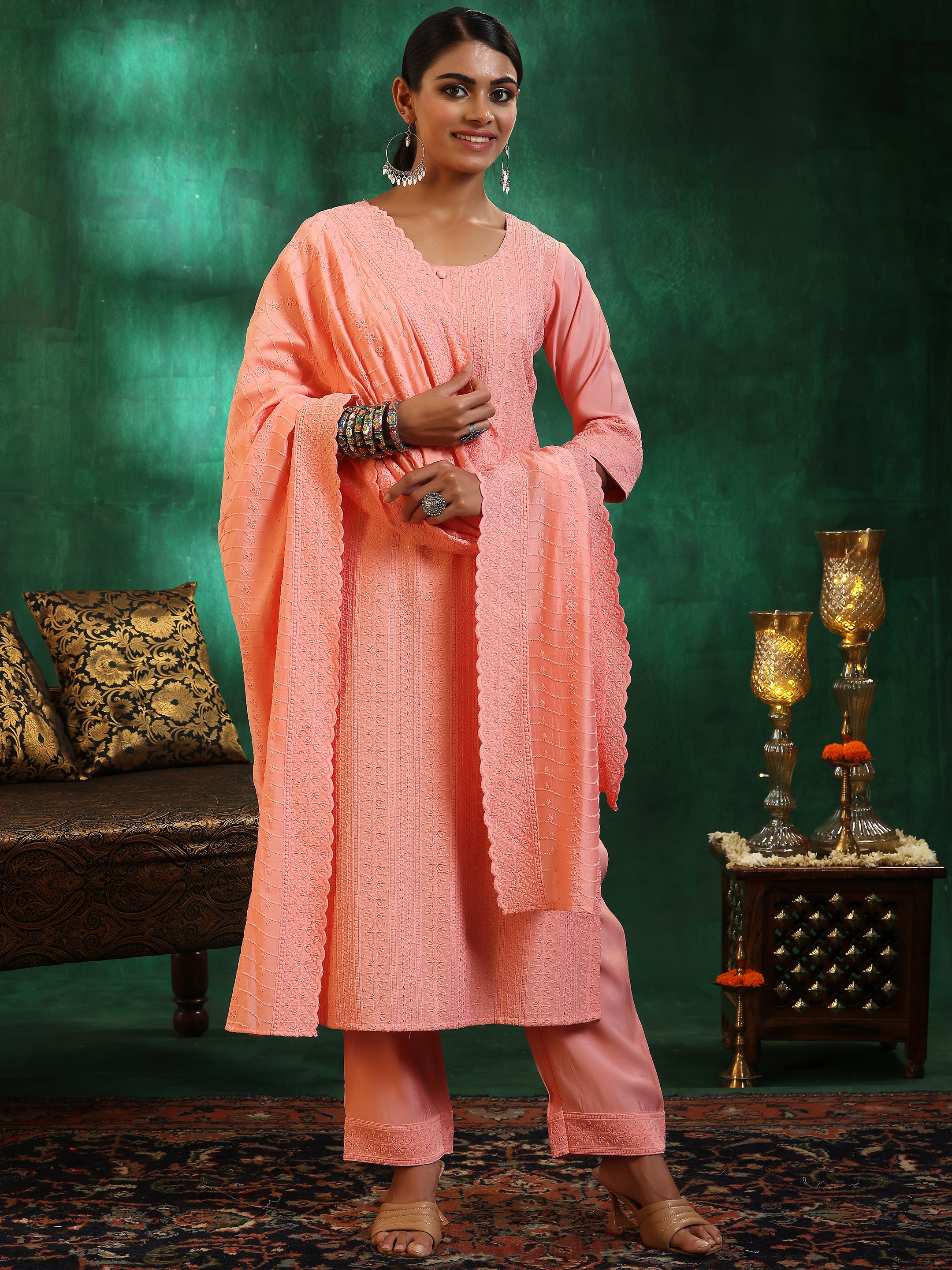 Peach Embroidered Silk Blend Straight Suit With Dupatta