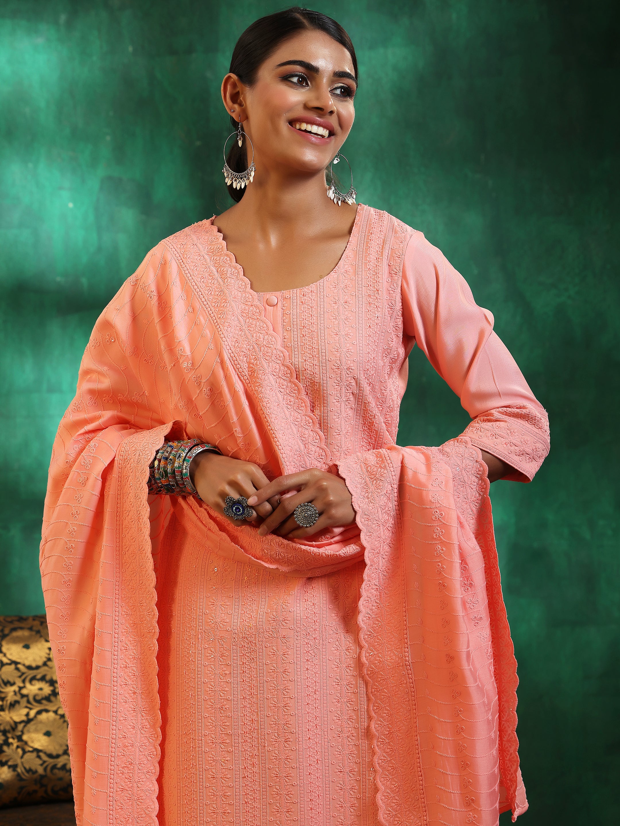 Peach Embroidered Silk Blend Straight Suit With Dupatta