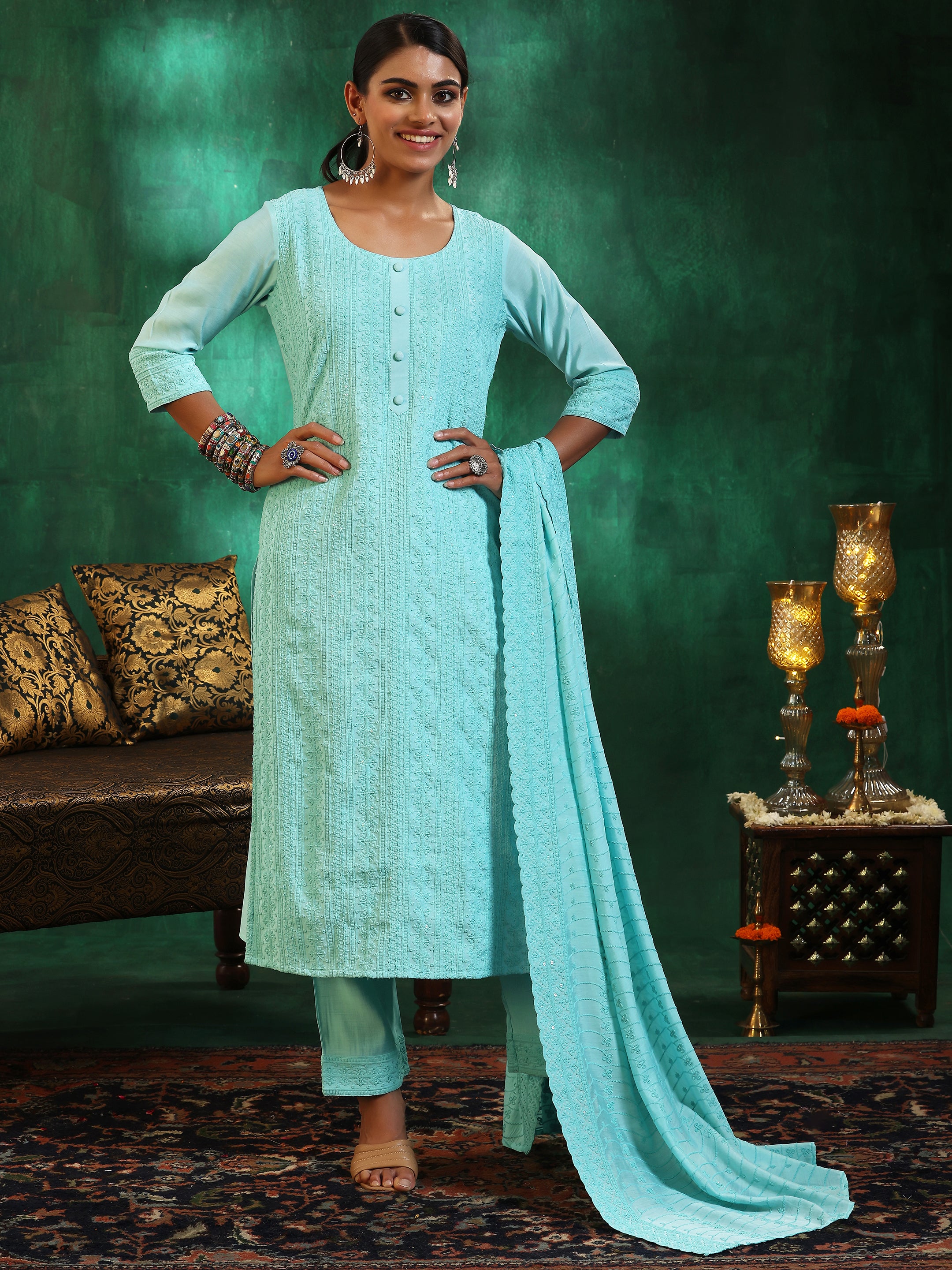 Blue Embroidered Silk Blend Straight Suit With Dupatta