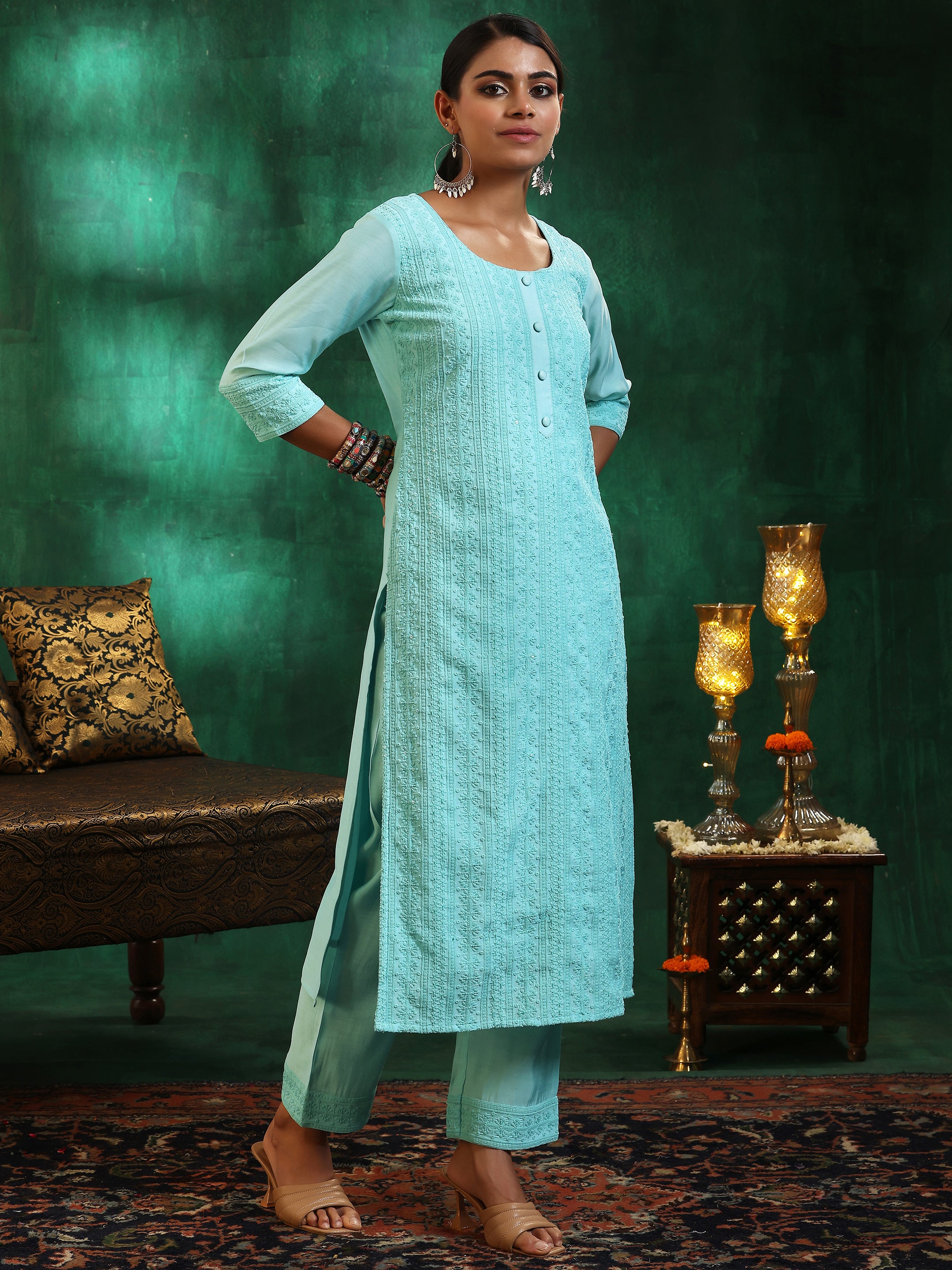 Blue Embroidered Silk Blend Straight Suit With Dupatta