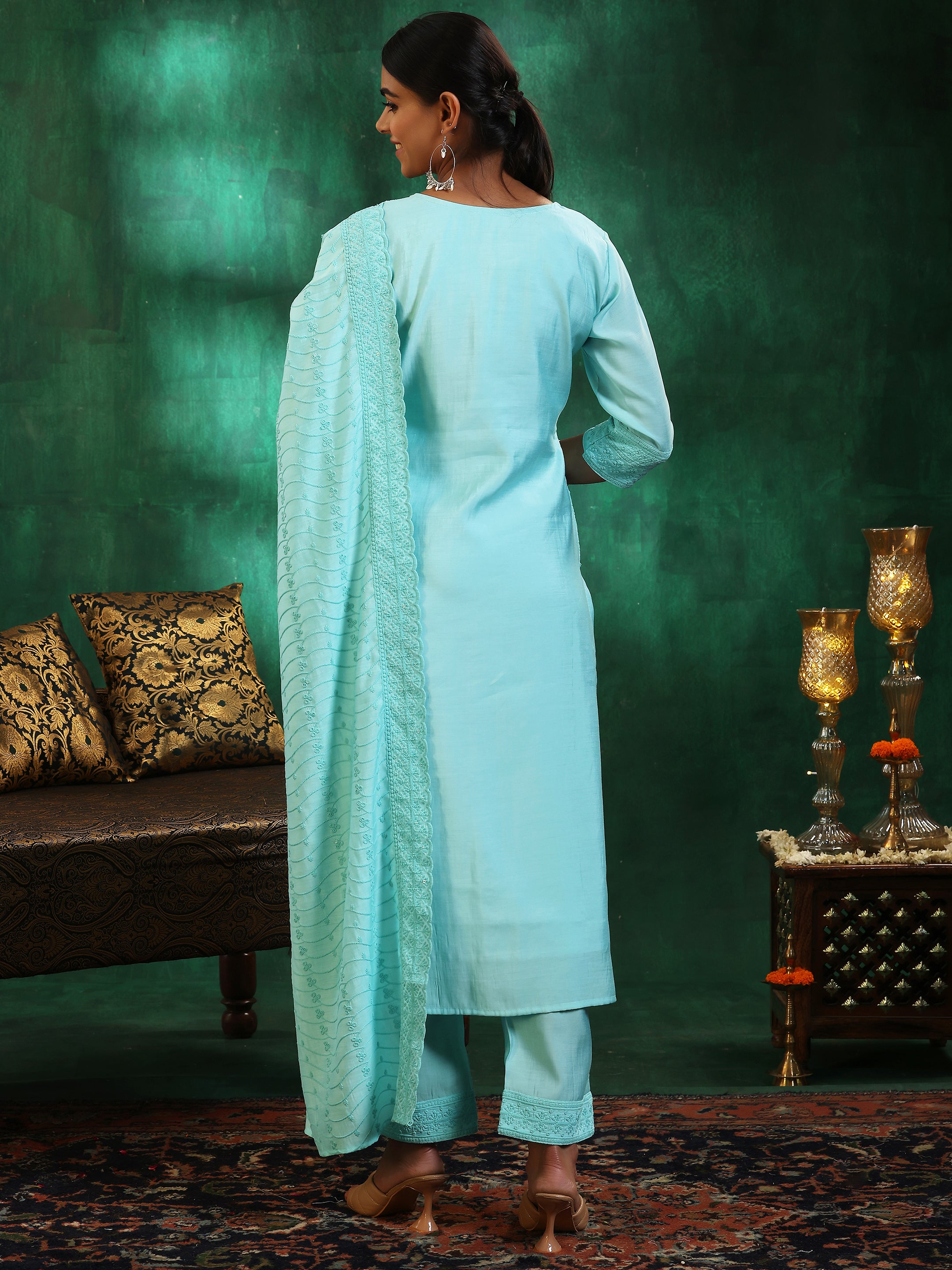 Blue Embroidered Silk Blend Straight Suit With Dupatta