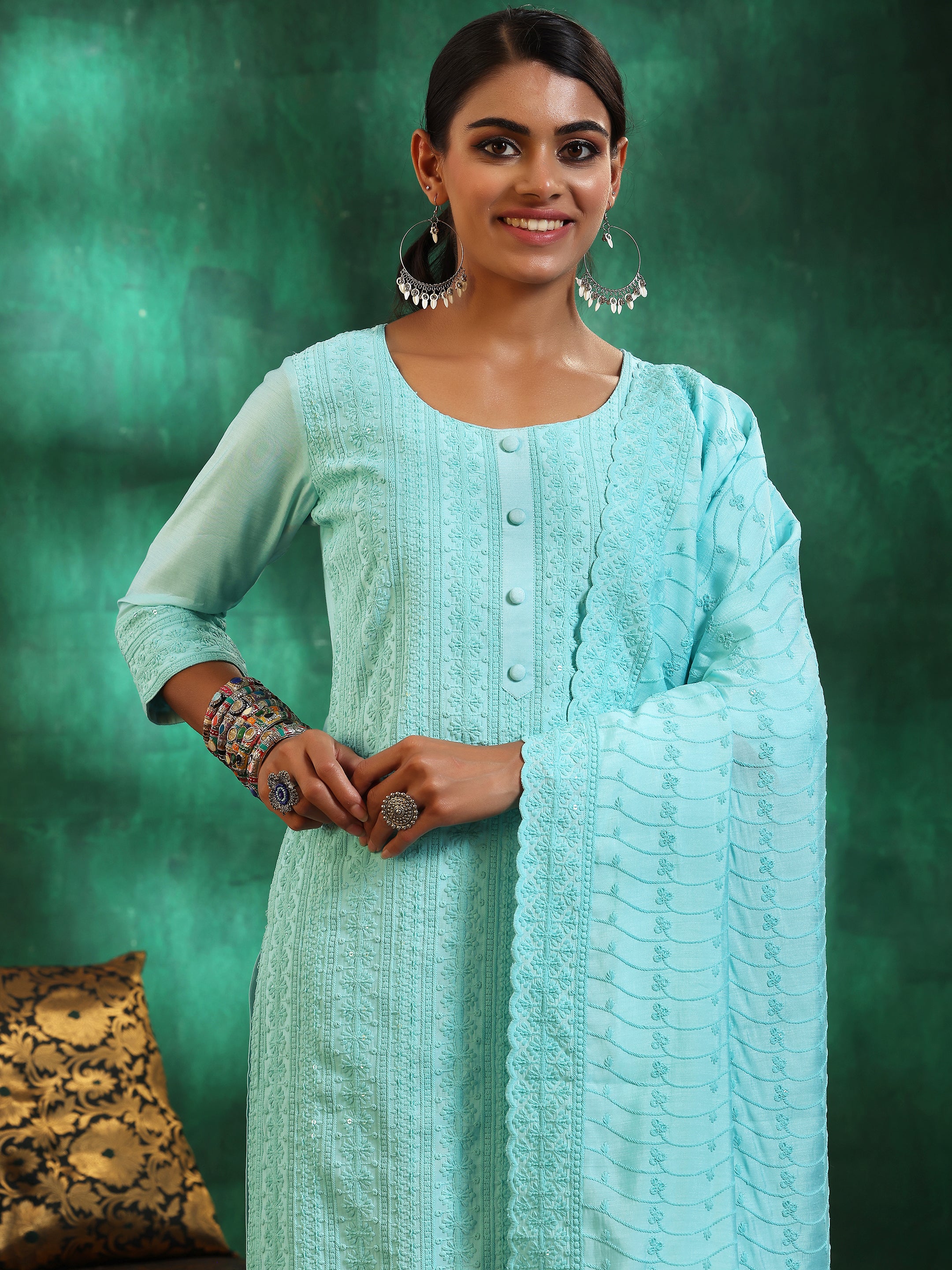 Blue Embroidered Silk Blend Straight Suit With Dupatta