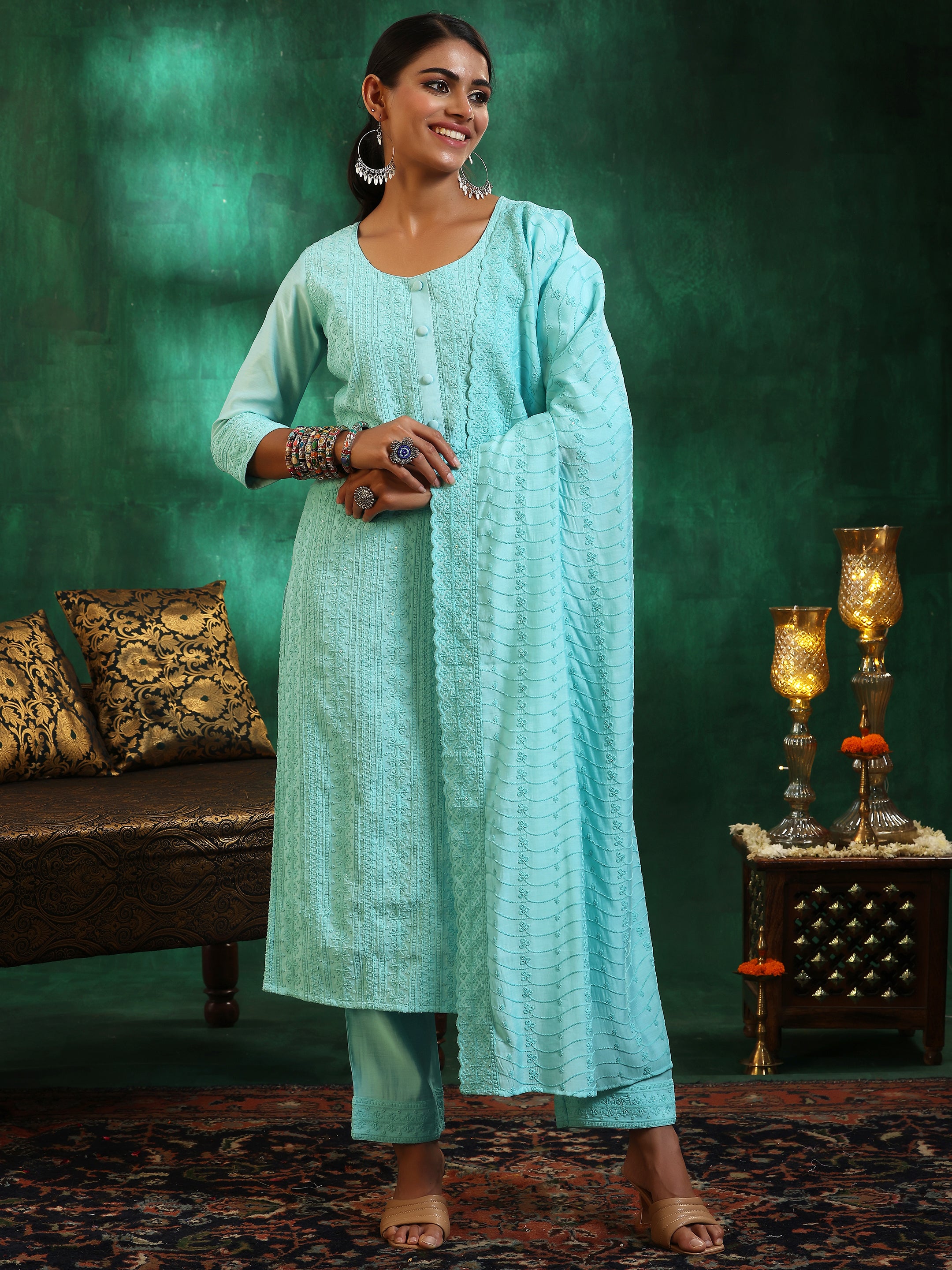 Blue Embroidered Silk Blend Straight Suit With Dupatta