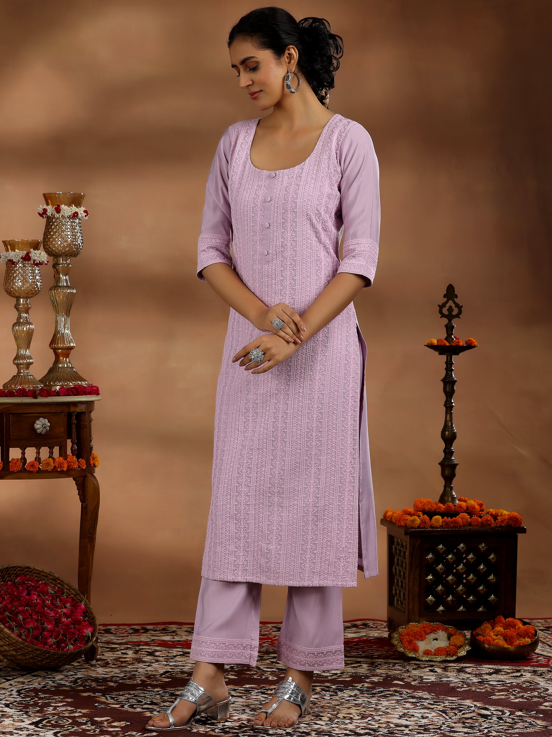 Mauve Embroidered Silk Blend Straight Suit With Dupatta