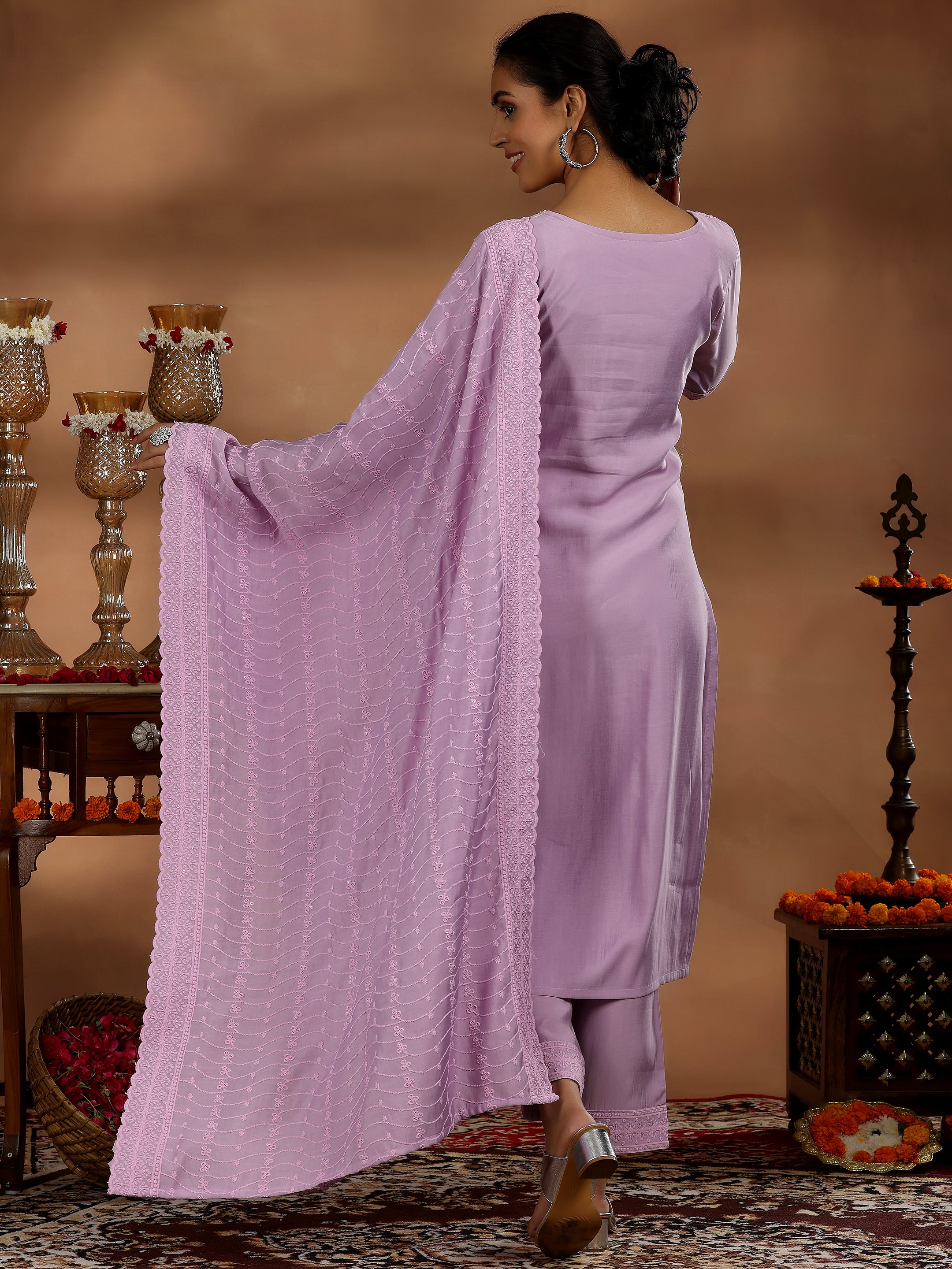 Mauve Embroidered Silk Blend Straight Suit With Dupatta