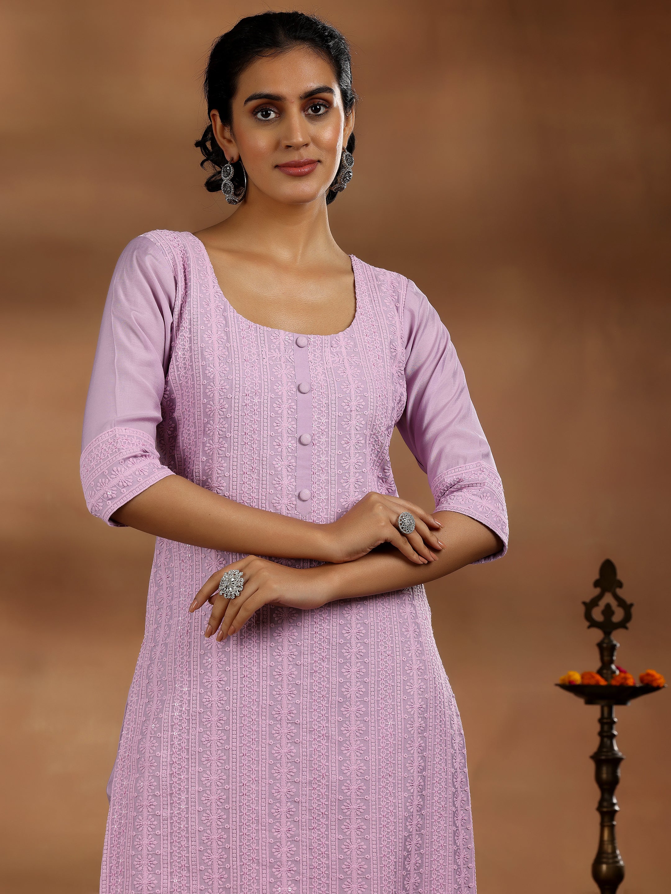 Mauve Embroidered Silk Blend Straight Suit With Dupatta