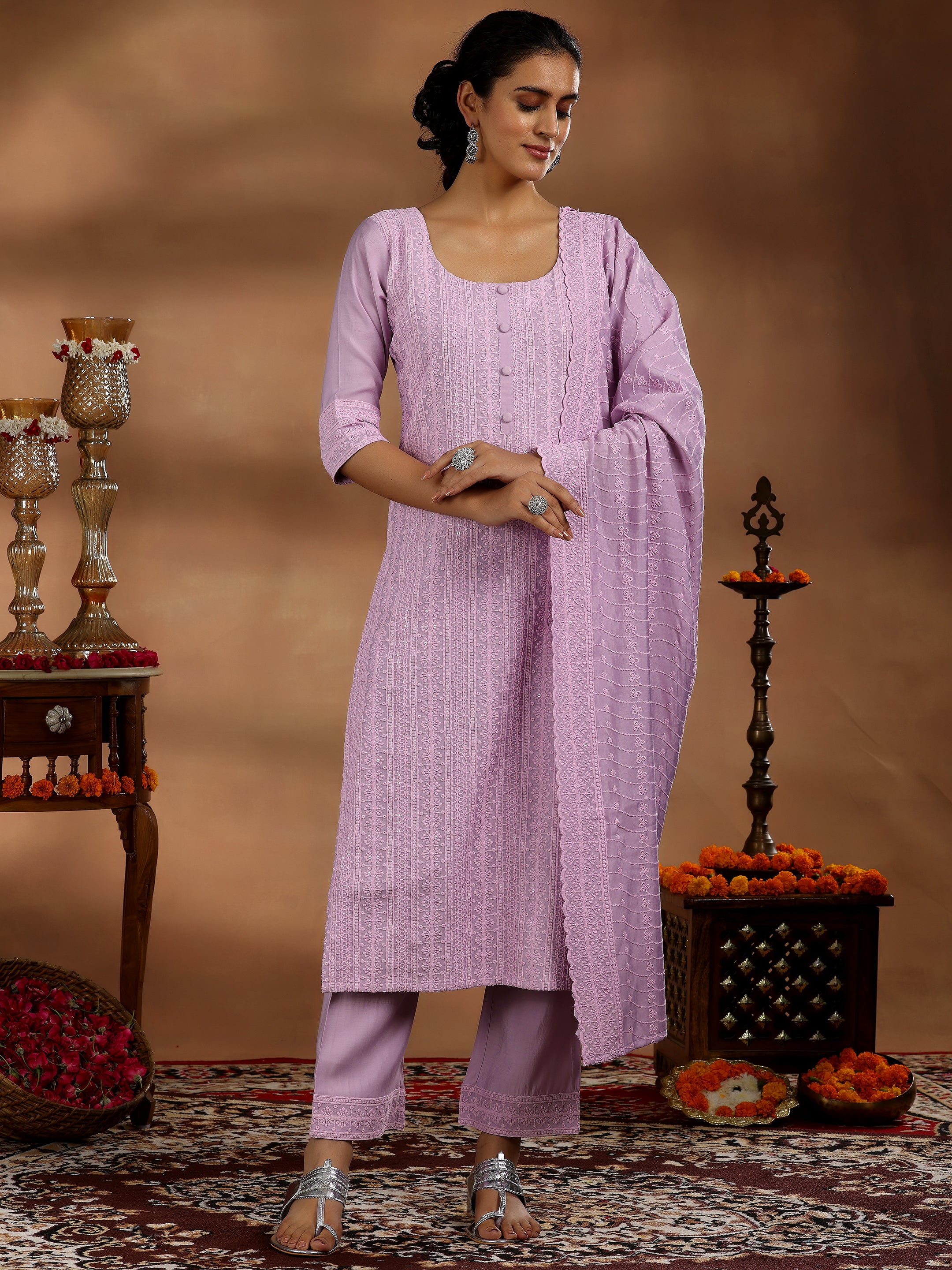 Mauve Embroidered Silk Blend Straight Suit With Dupatta