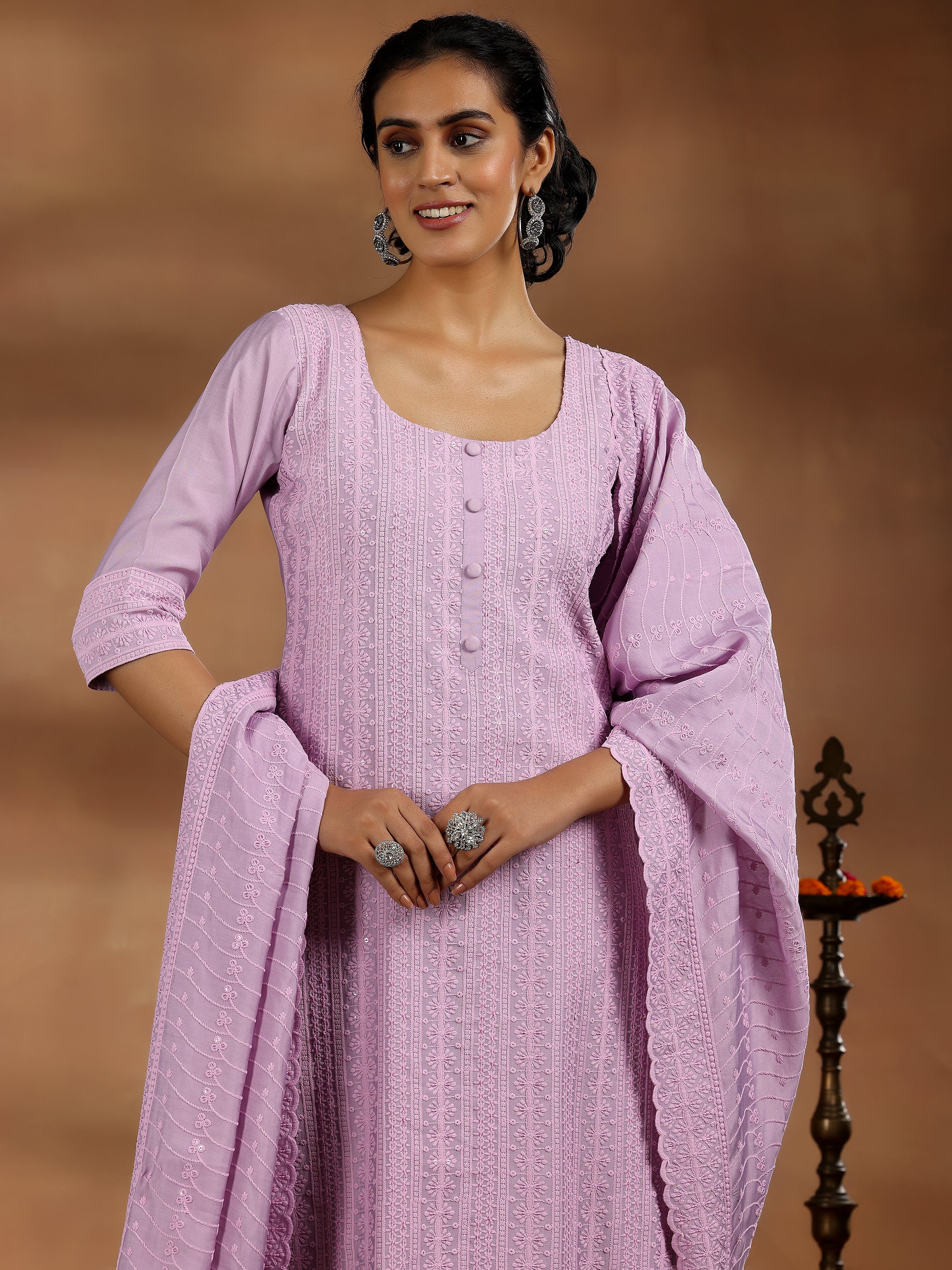 Mauve Embroidered Silk Blend Straight Suit With Dupatta