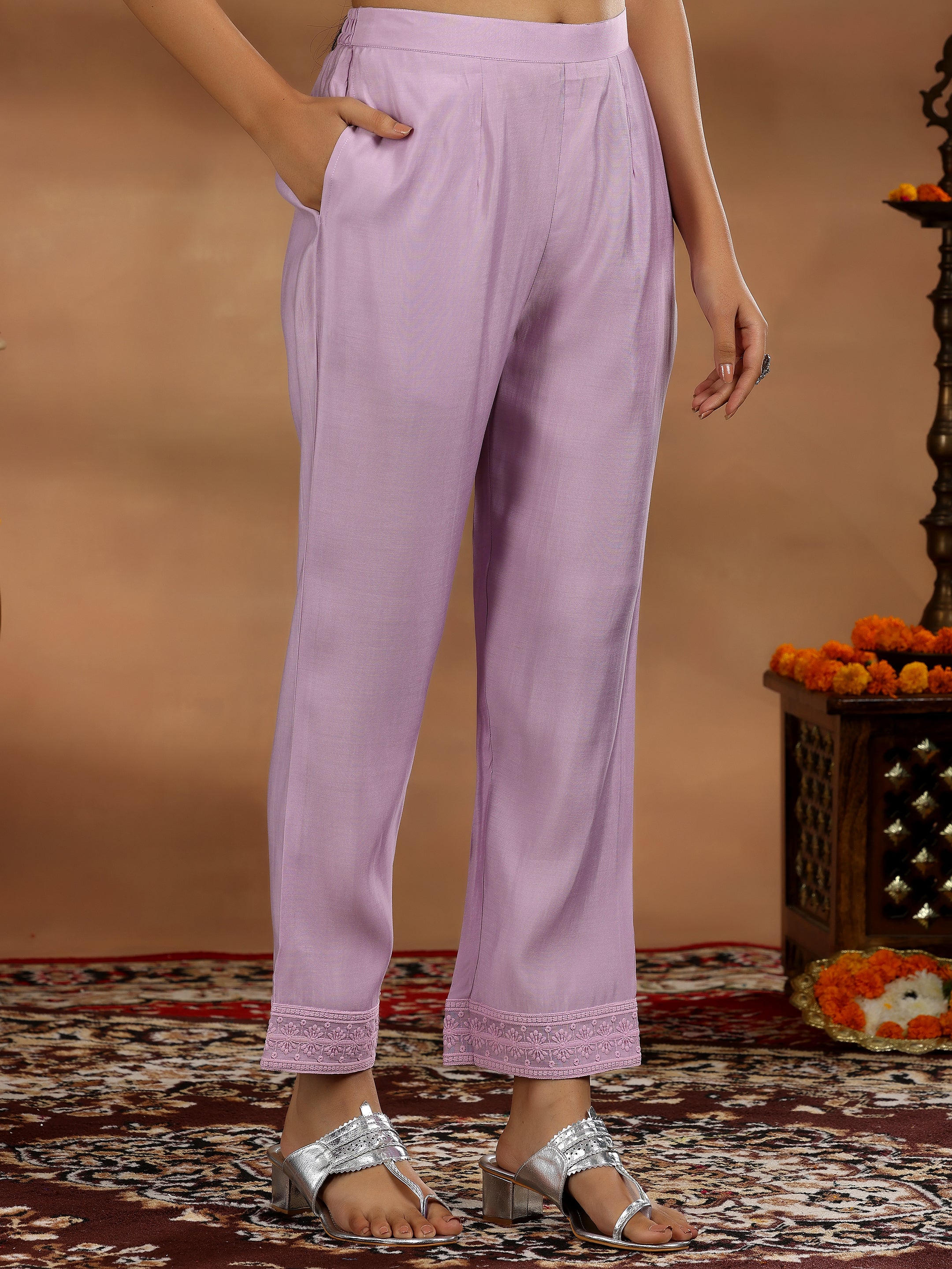 Mauve Embroidered Silk Blend Straight Suit With Dupatta