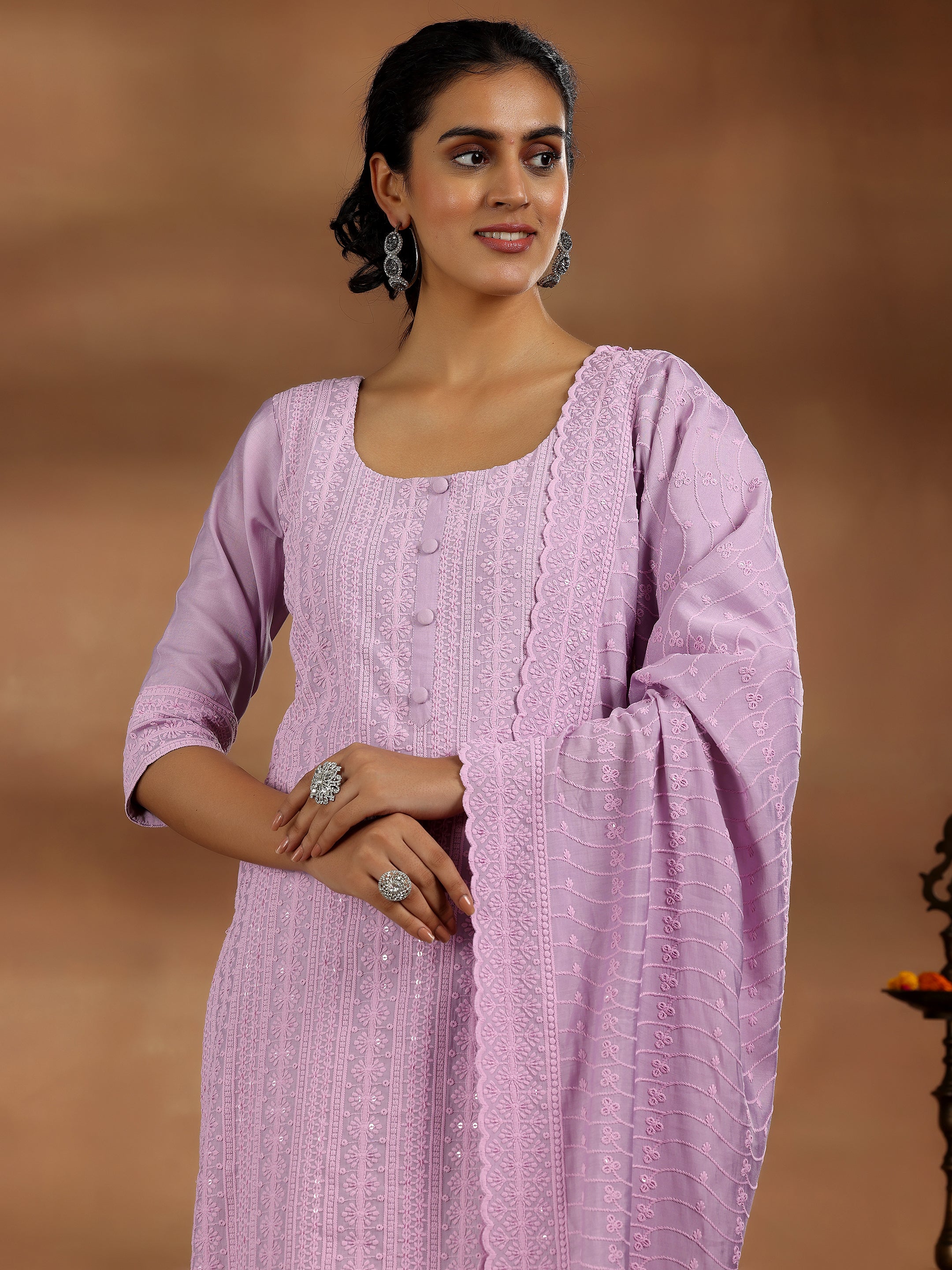 Mauve Embroidered Silk Blend Straight Suit With Dupatta