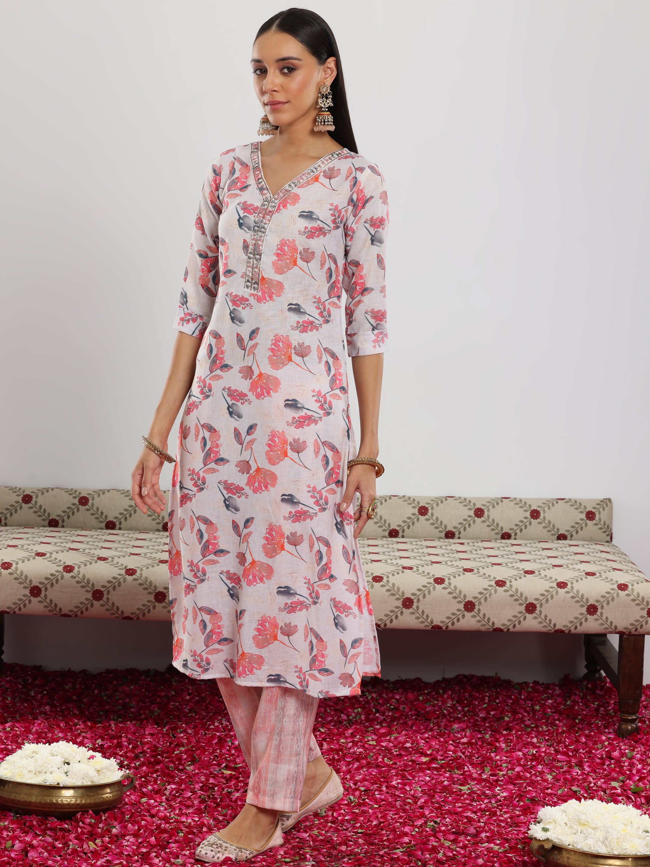 Off White Printed Linen Straight Suit With Dupatta