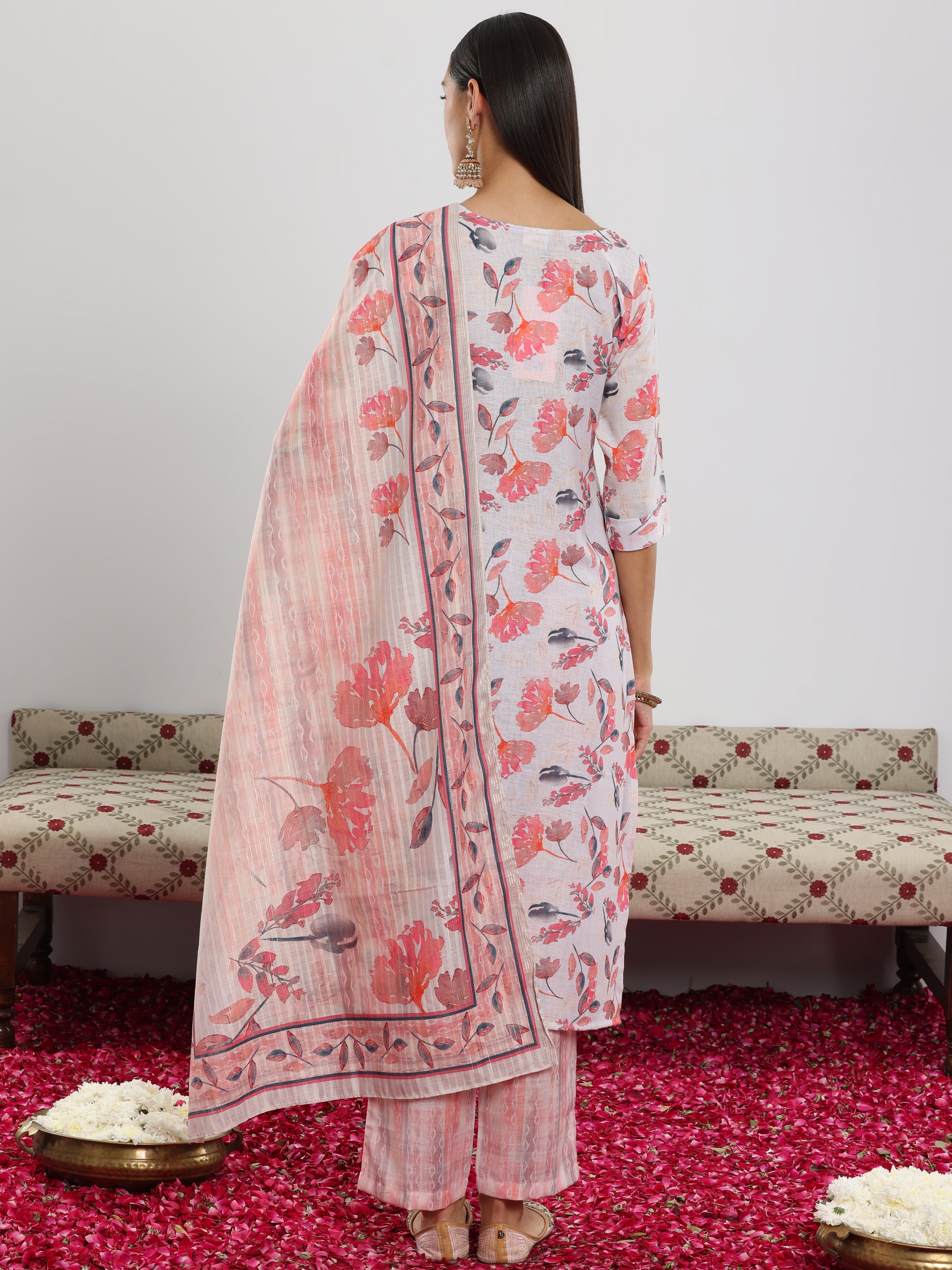 Off White Printed Linen Straight Suit With Dupatta