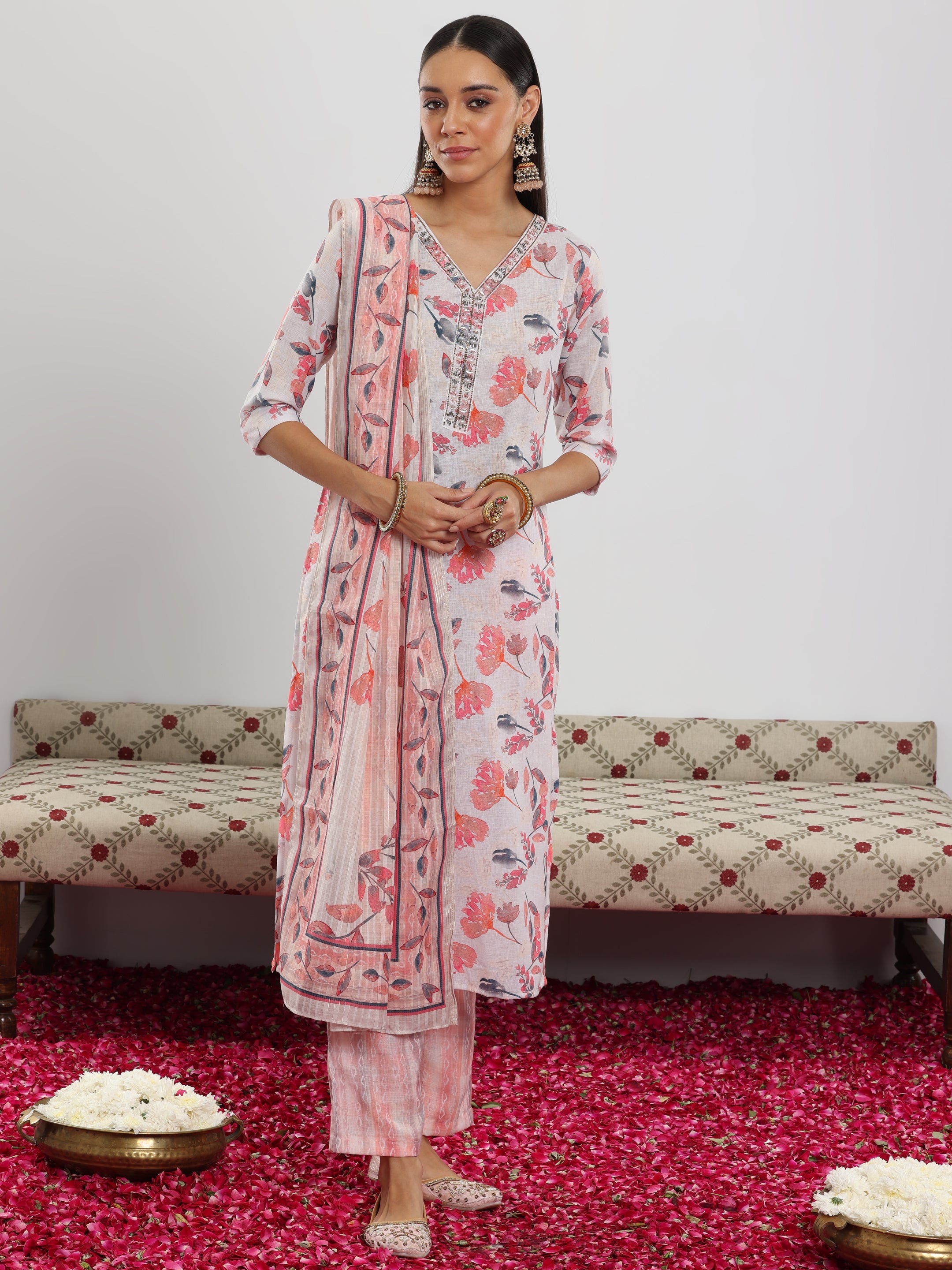 Off White Printed Linen Straight Suit With Dupatta