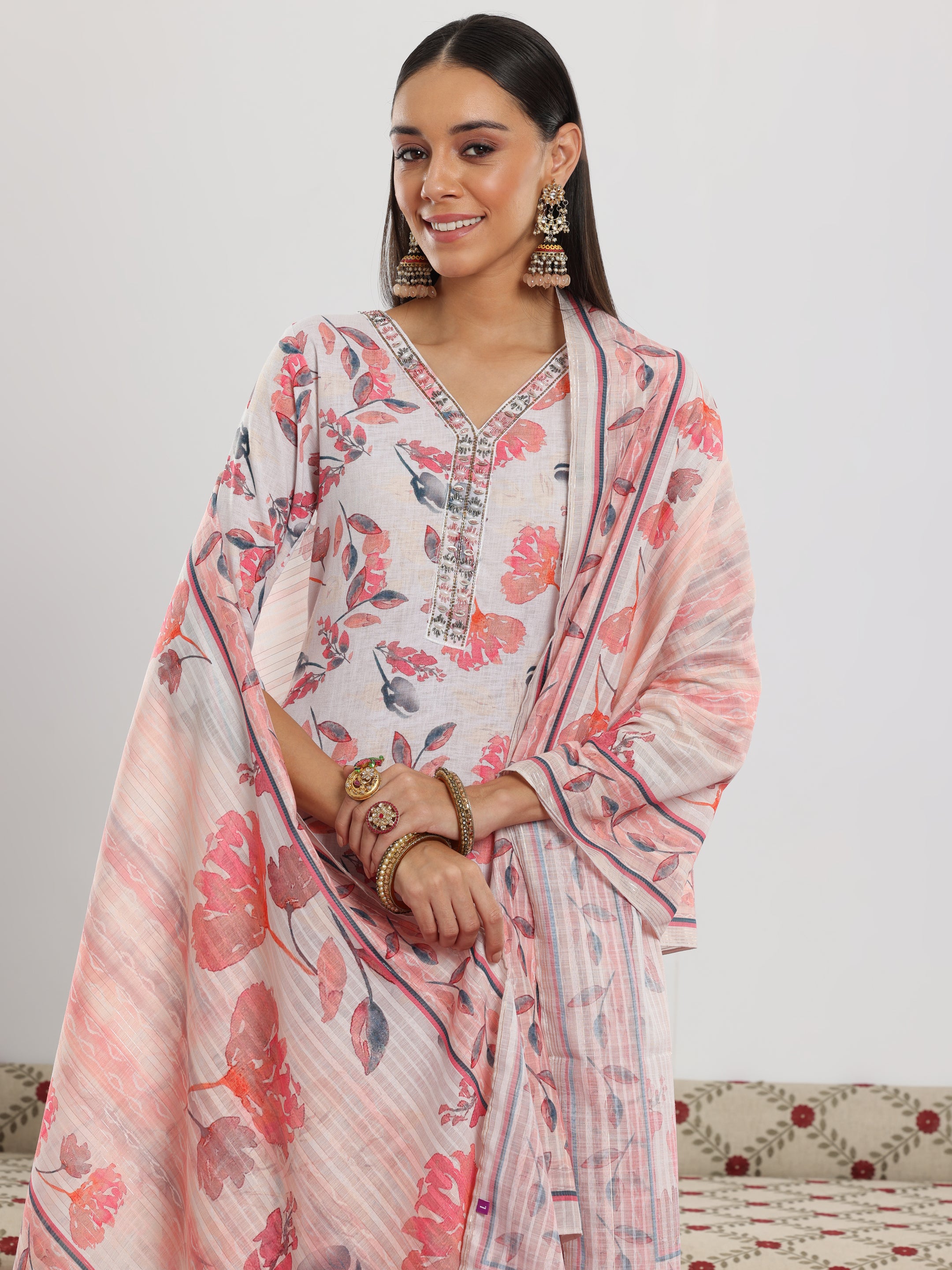 Off White Printed Linen Straight Suit With Dupatta