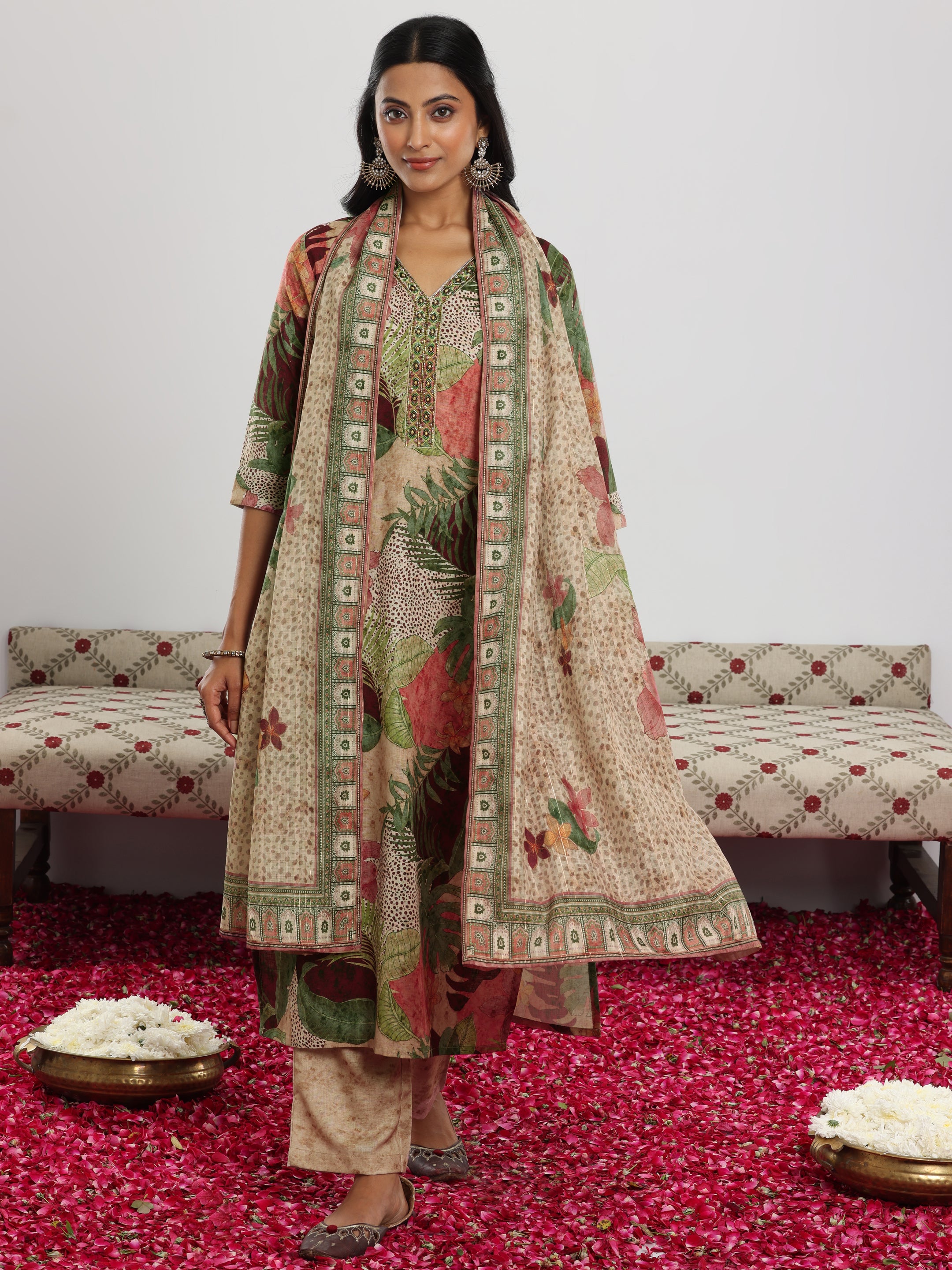 Multi Printed Linen Straight Suit With Dupatta