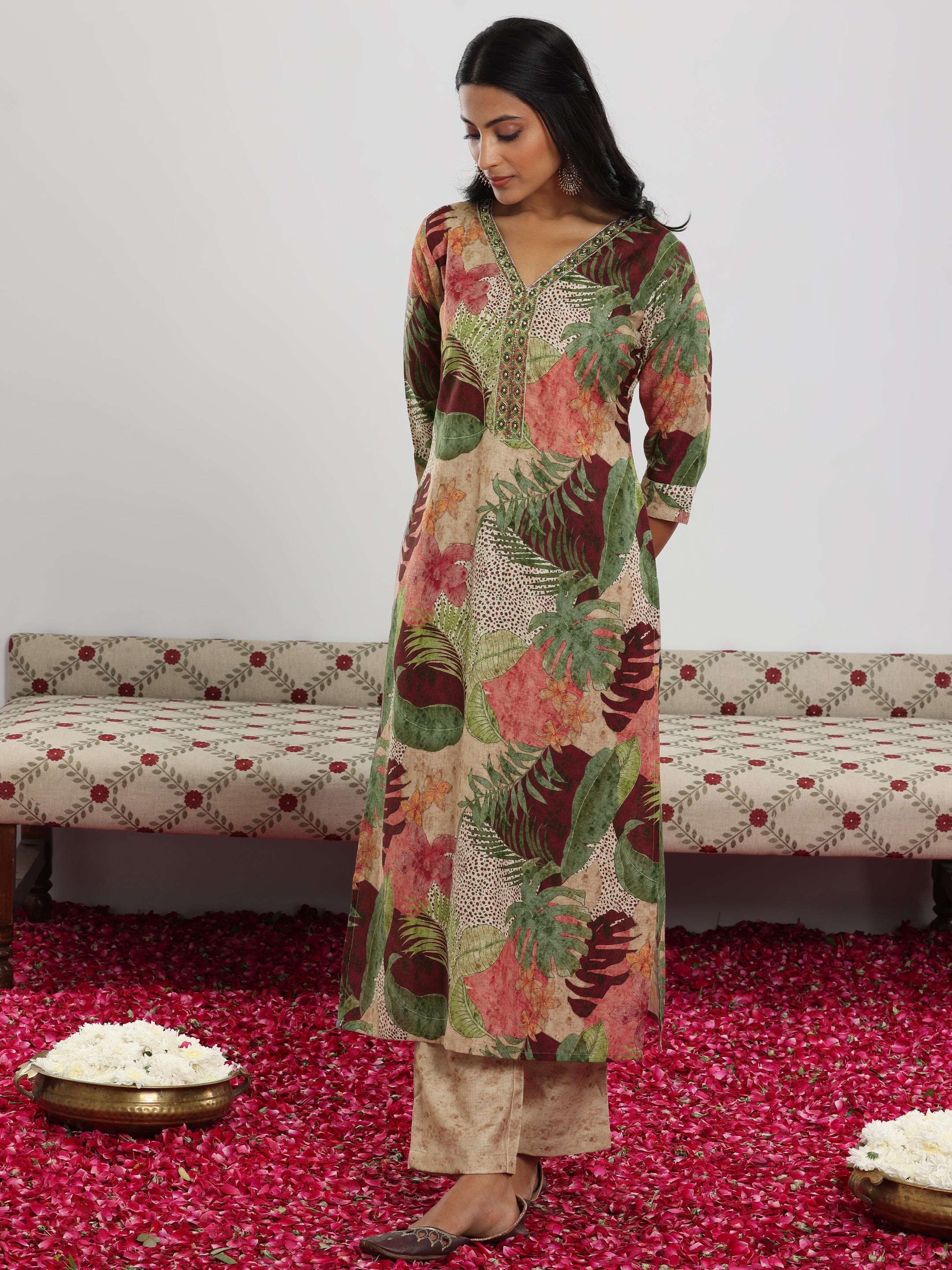 Multi Printed Linen Straight Suit With Dupatta