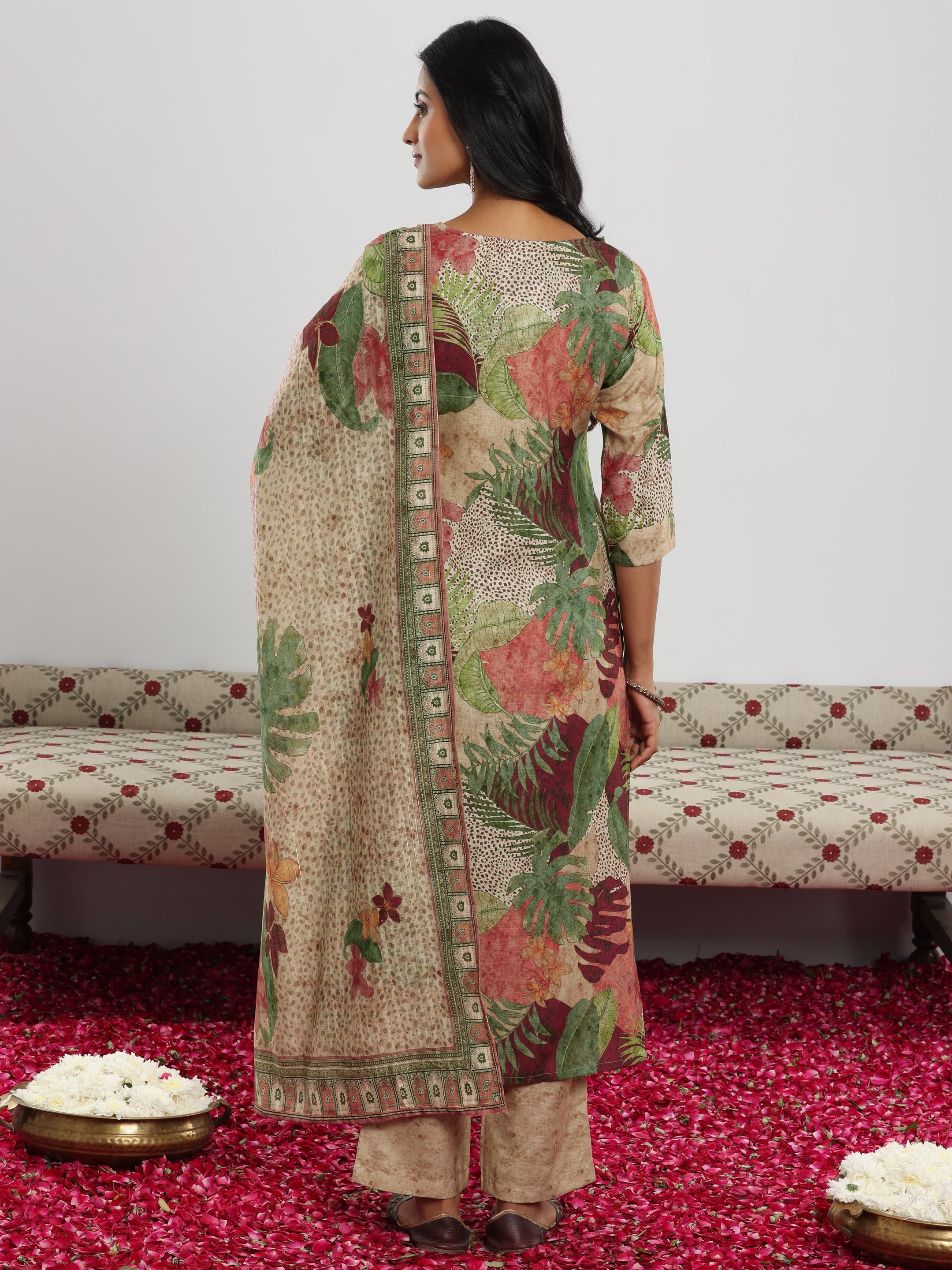 Multi Printed Linen Straight Suit With Dupatta