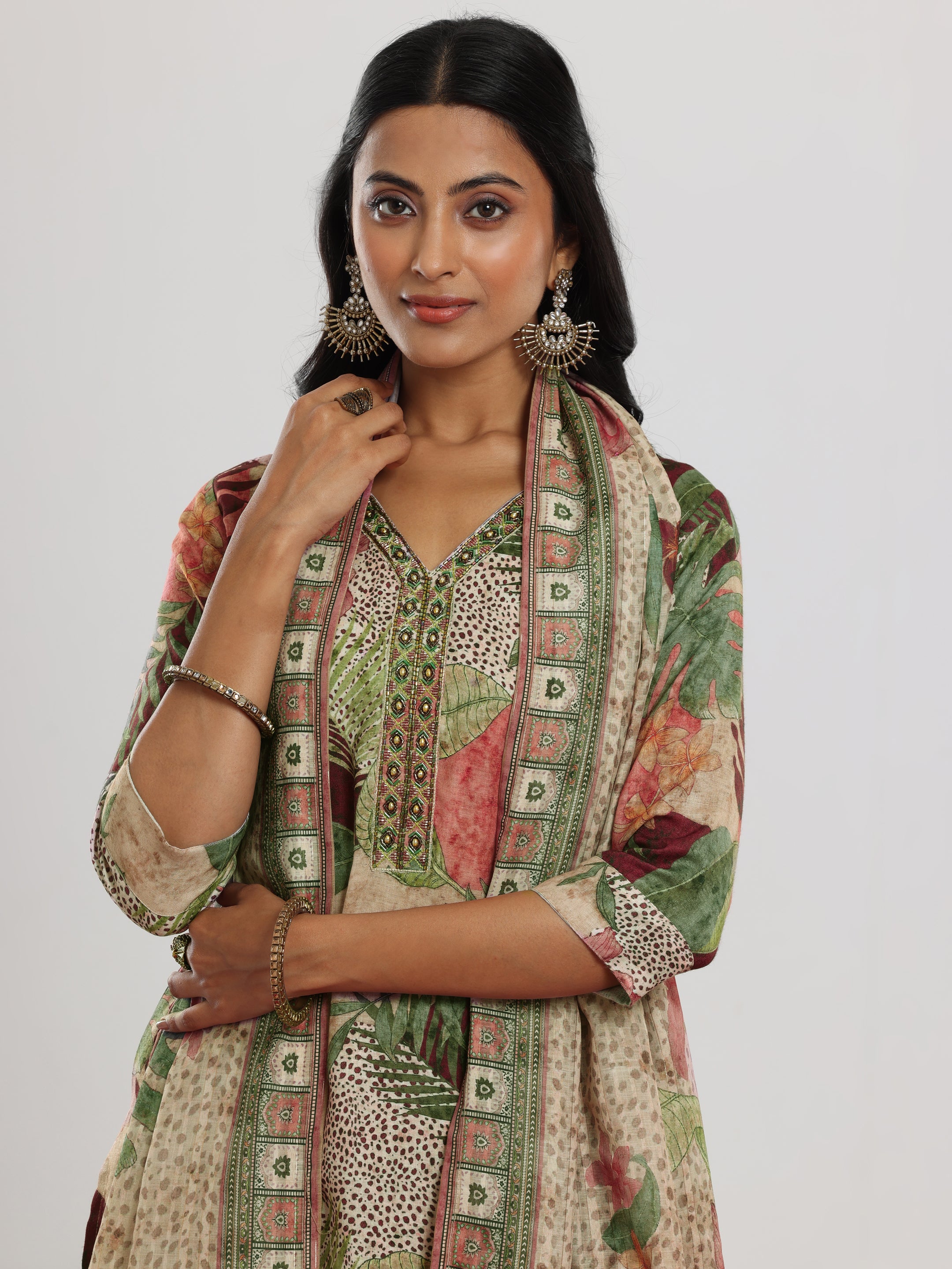 Multi Printed Linen Straight Suit With Dupatta