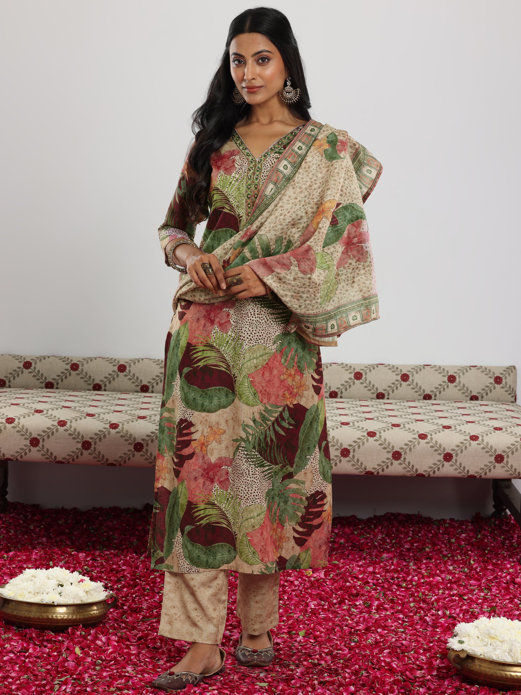 Multi Printed Linen Straight Suit With Dupatta