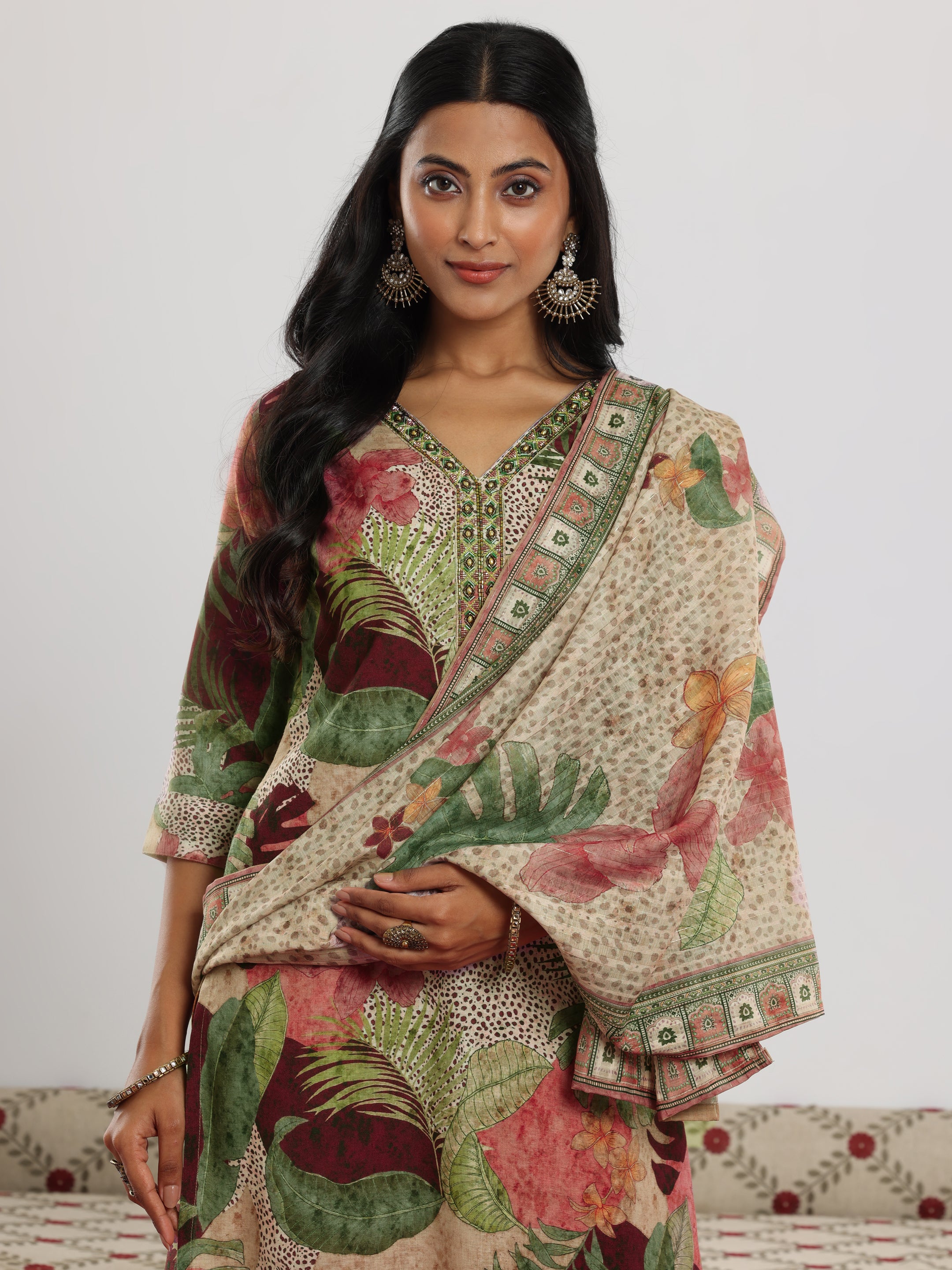 Multi Printed Linen Straight Suit With Dupatta