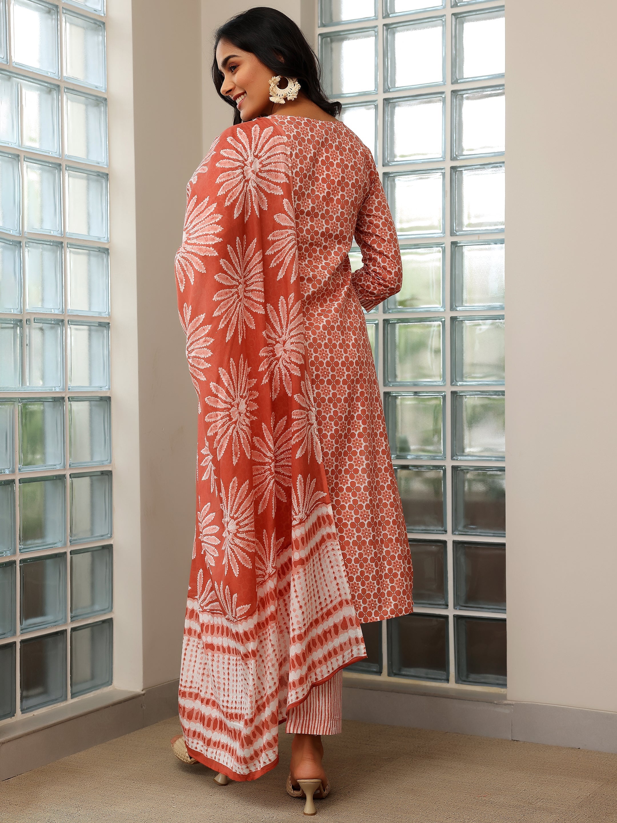 Brown Printed Cotton Straight Suit With Dupatta