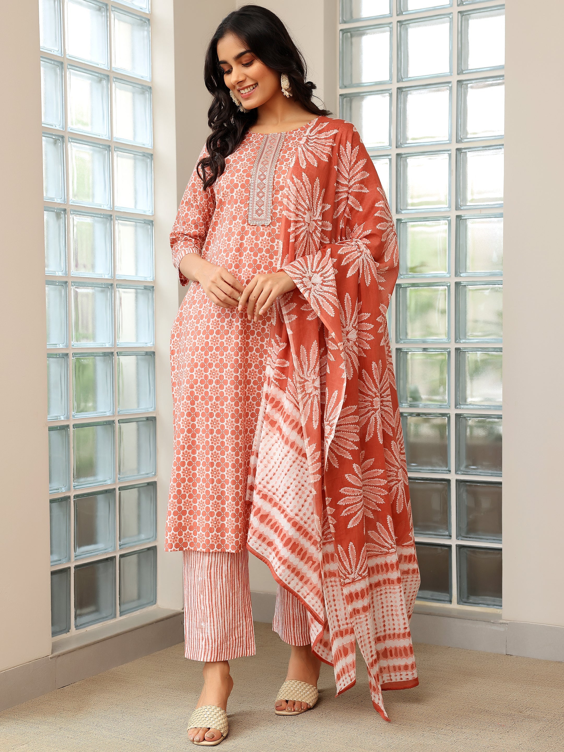 Brown Printed Cotton Straight Suit With Dupatta