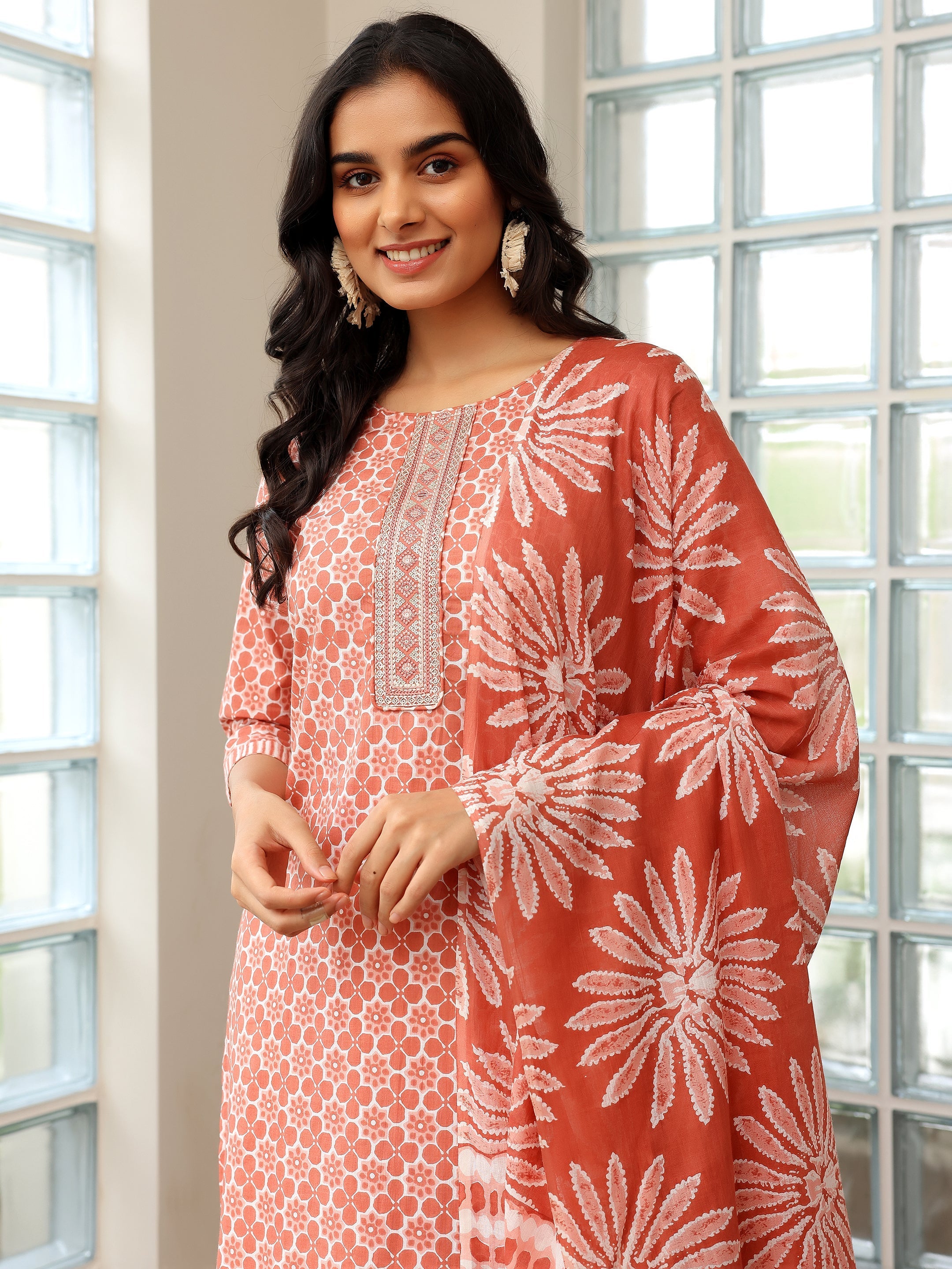 Brown Printed Cotton Straight Suit With Dupatta