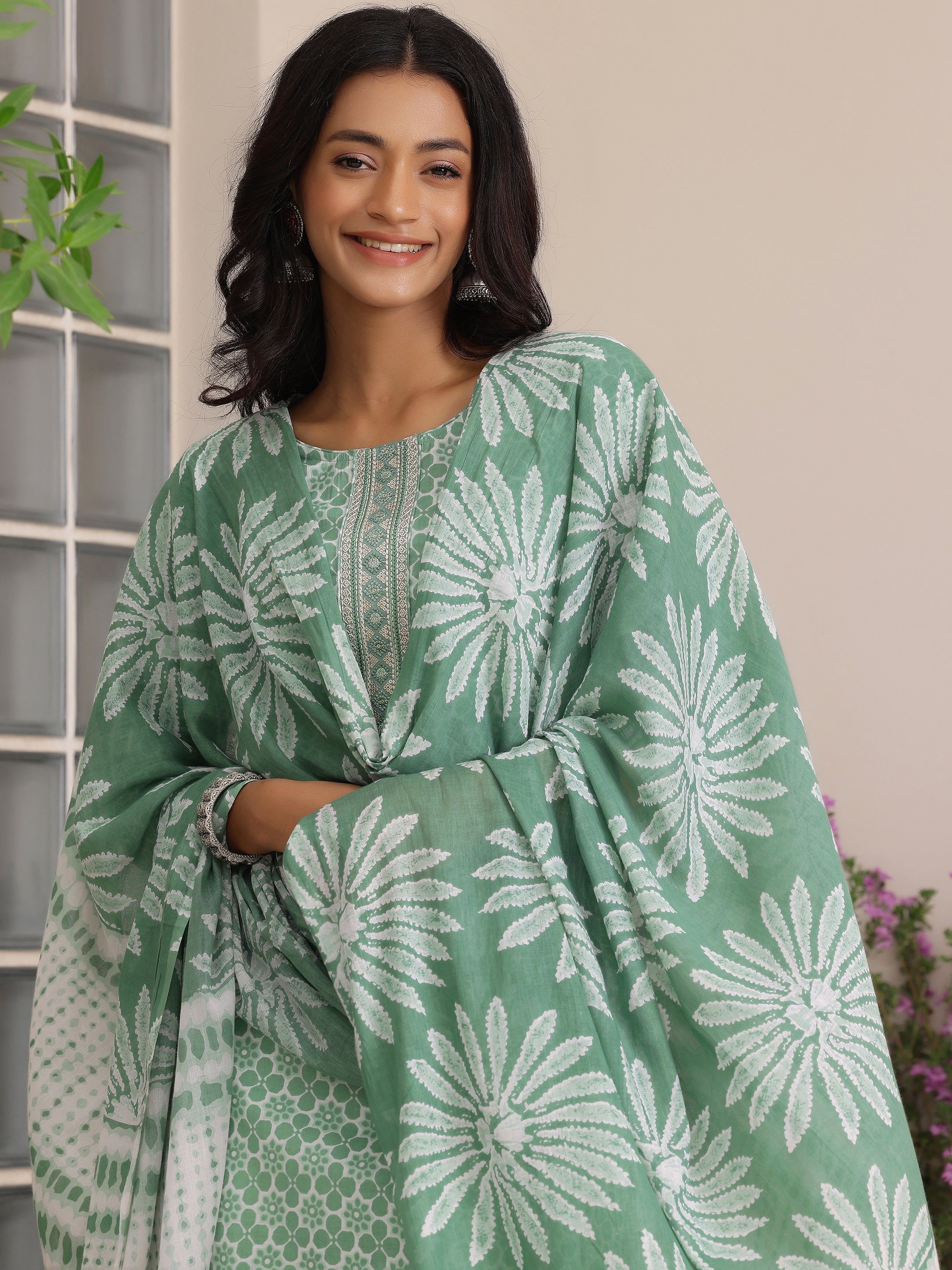 Green Printed Cotton Straight Suit With Dupatta