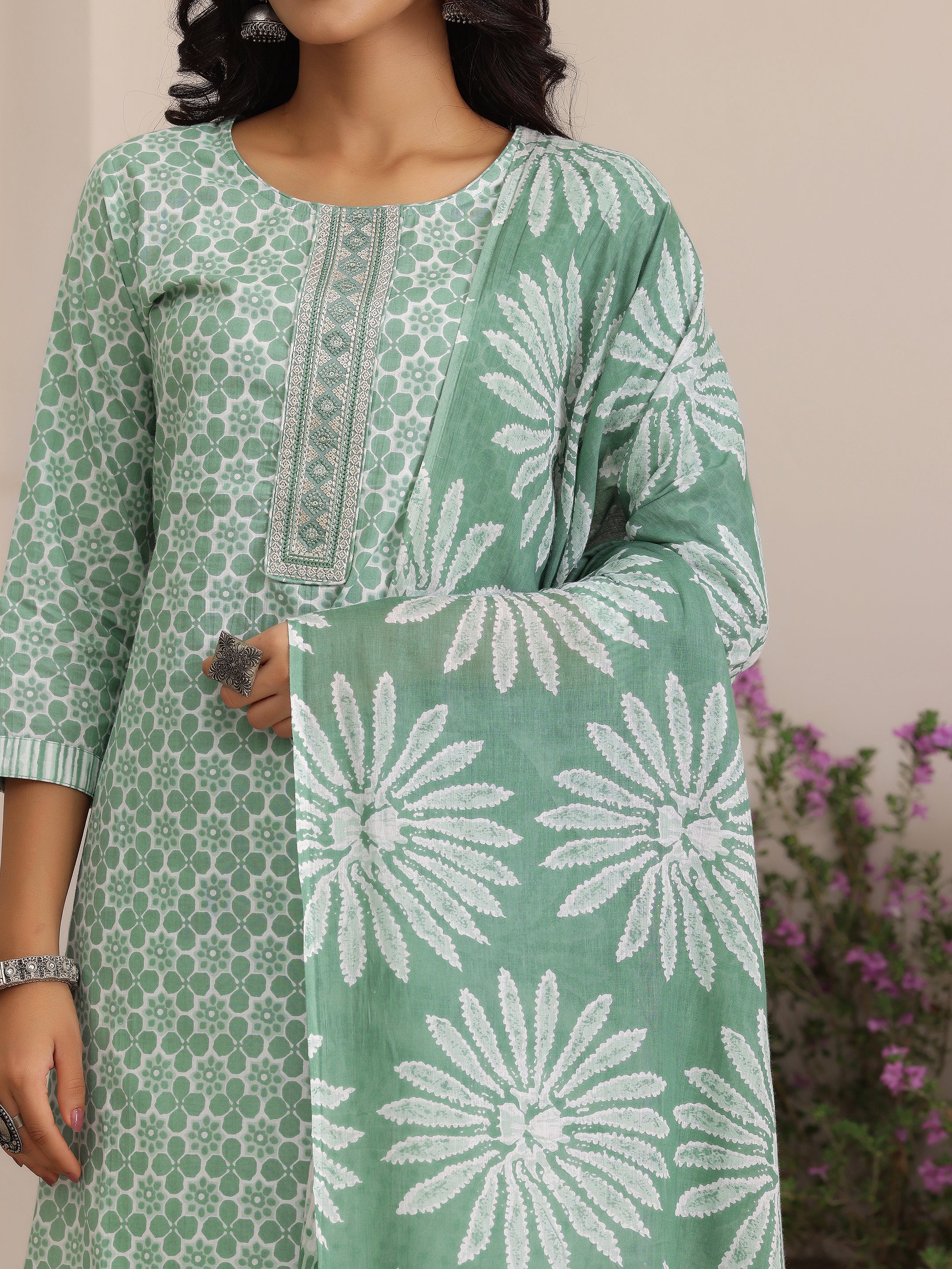 Green Printed Cotton Straight Suit With Dupatta