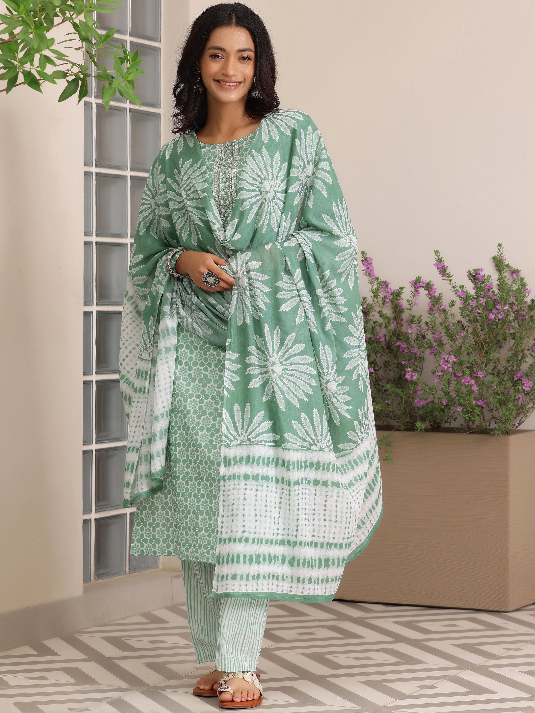 Green Printed Cotton Straight Suit With Dupatta