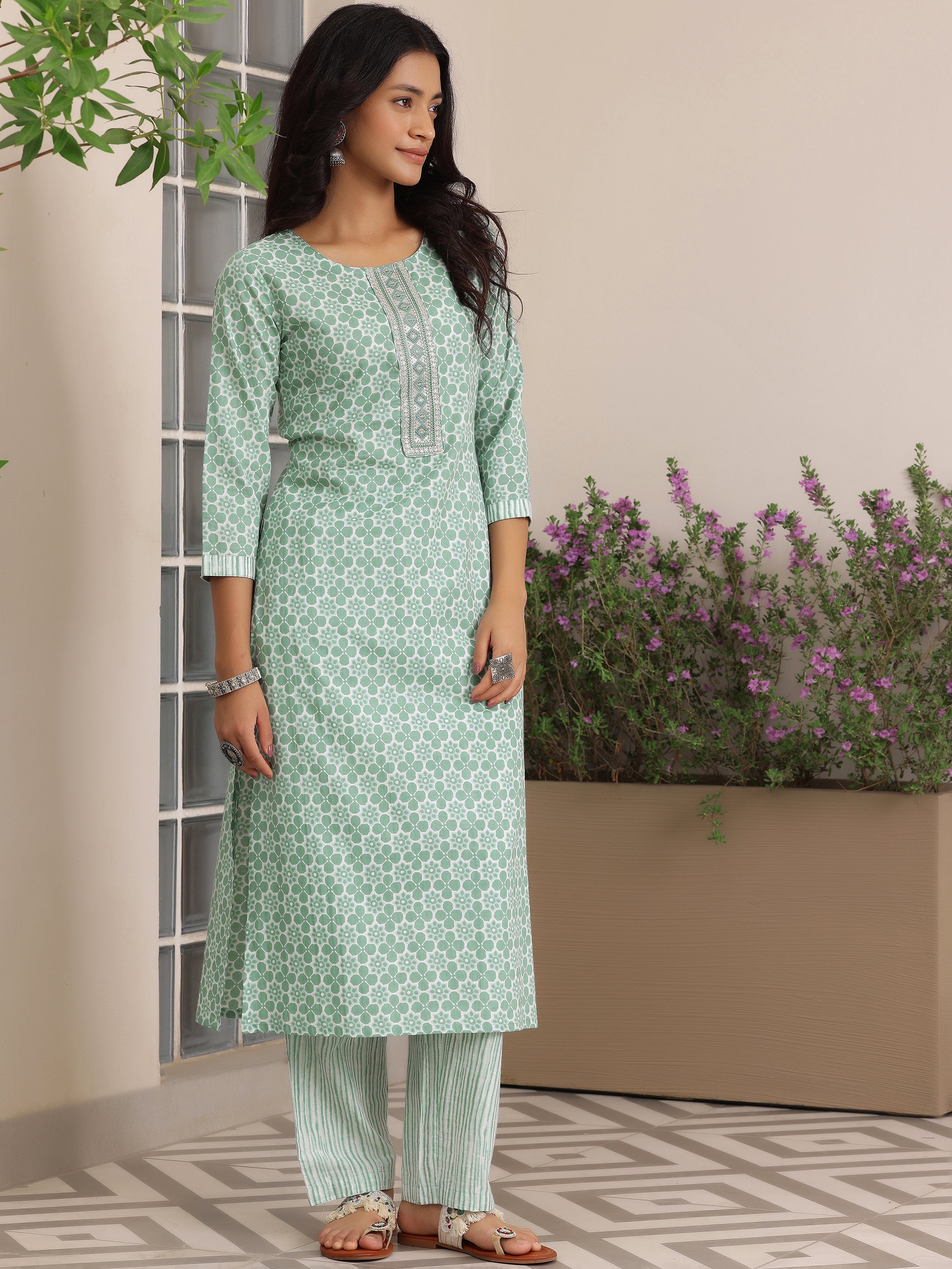 Green Printed Cotton Straight Suit With Dupatta