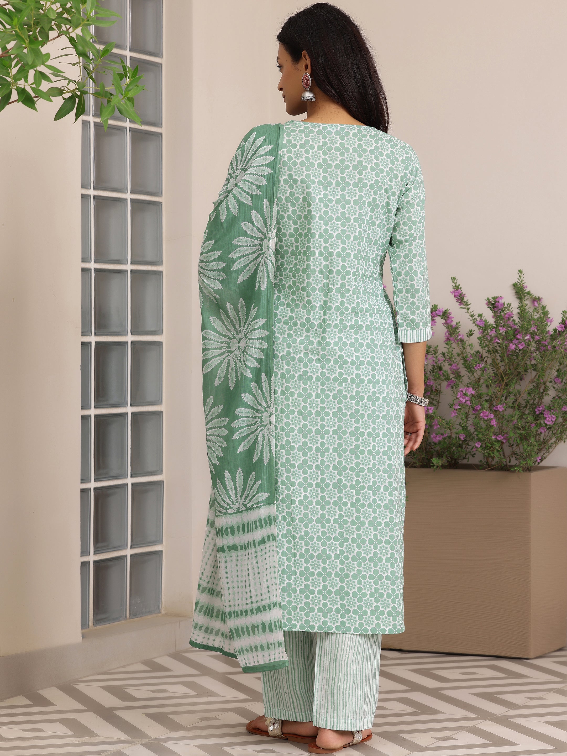 Green Printed Cotton Straight Suit With Dupatta