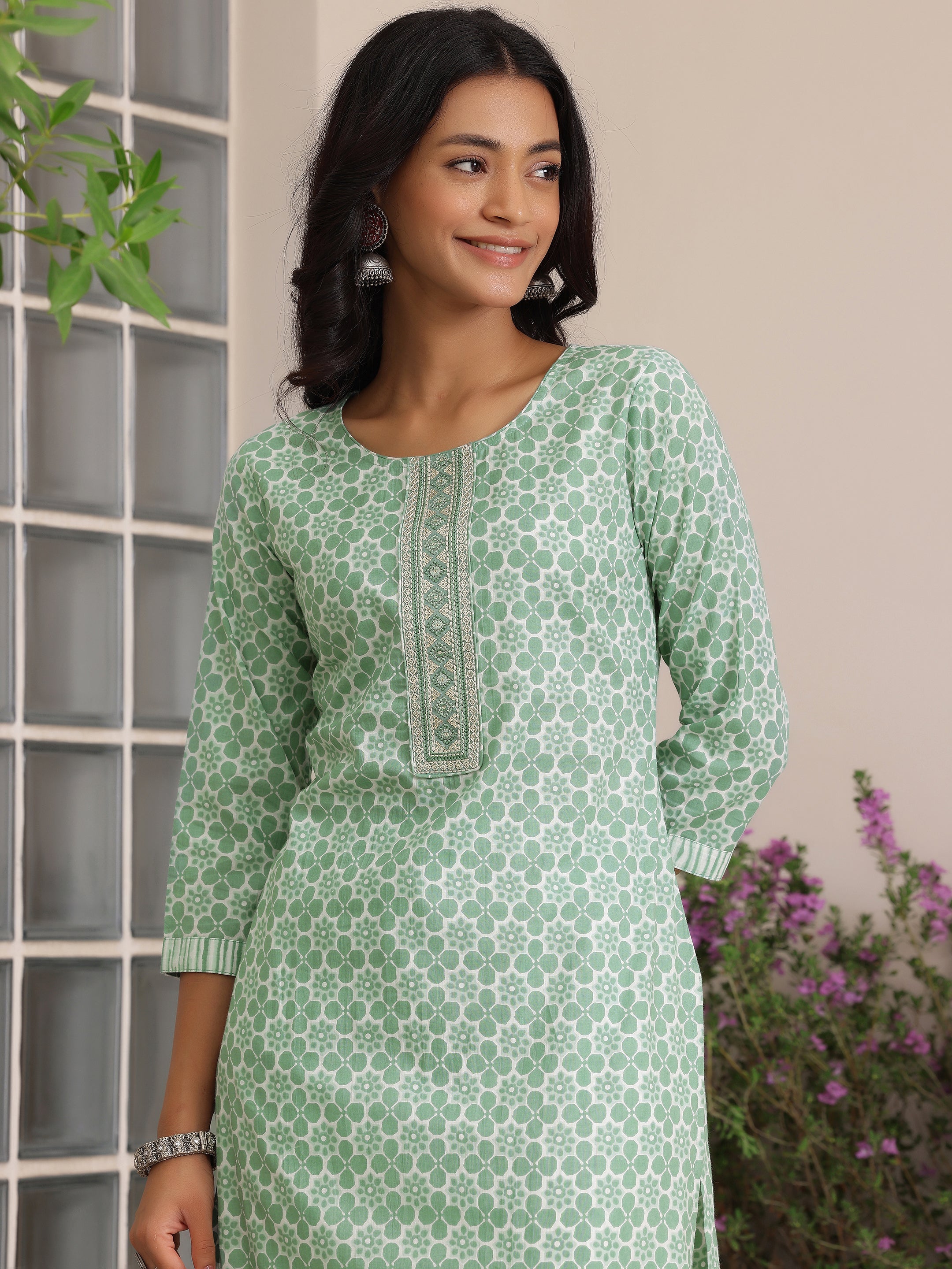 Green Printed Cotton Straight Suit With Dupatta