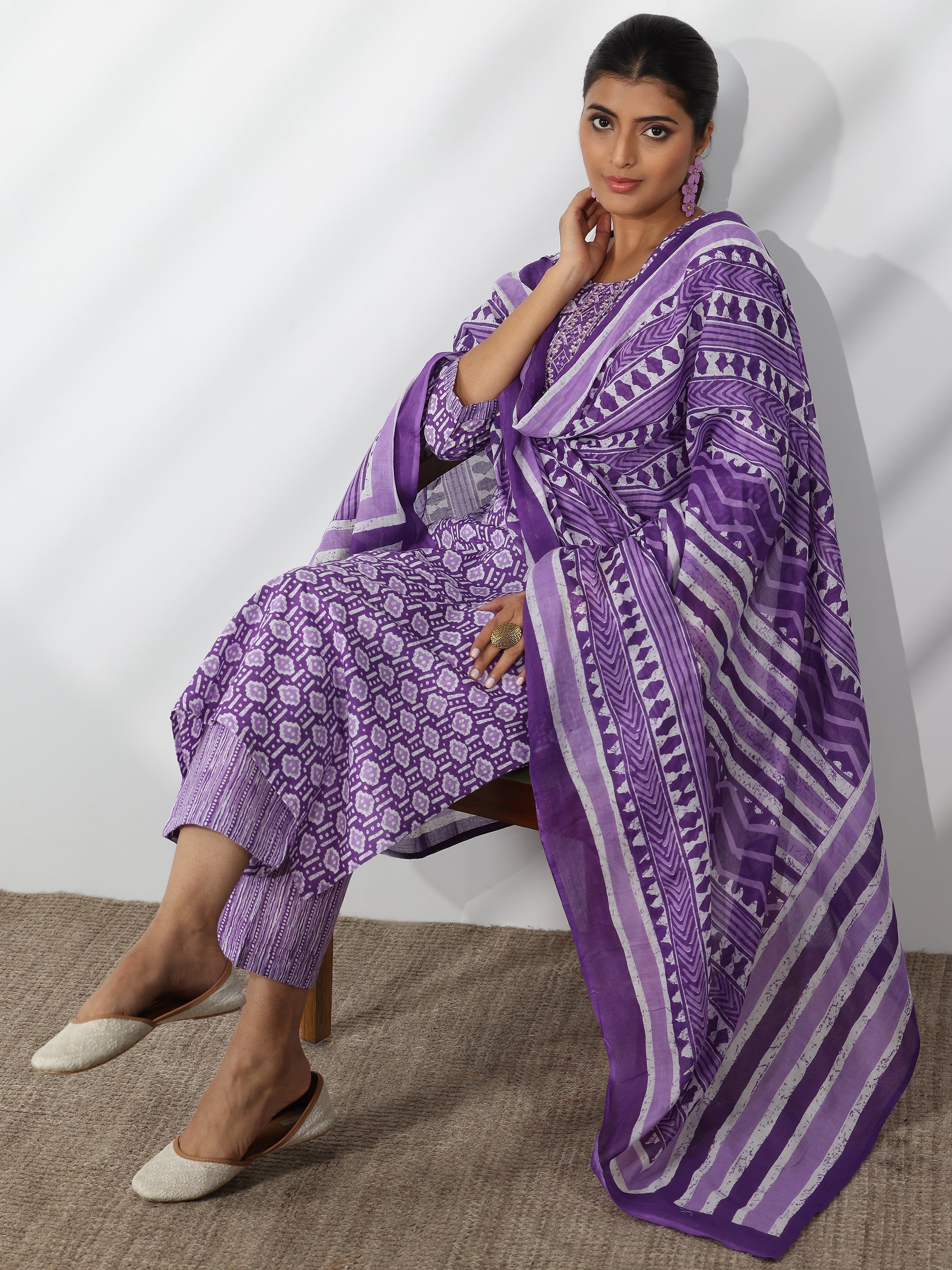 Purple Printed Cotton Straight Suit With Dupatta