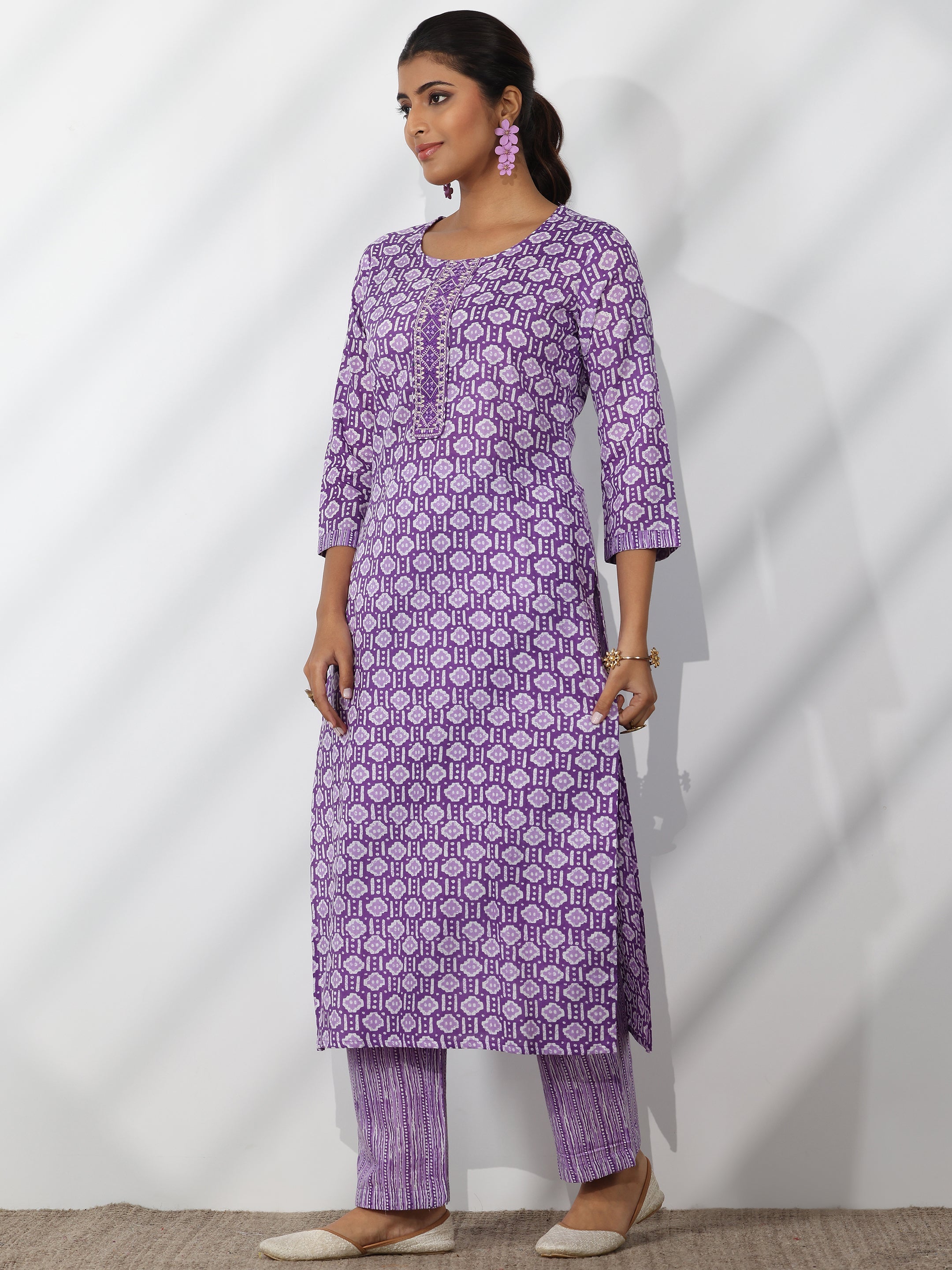 Purple Printed Cotton Straight Suit With Dupatta