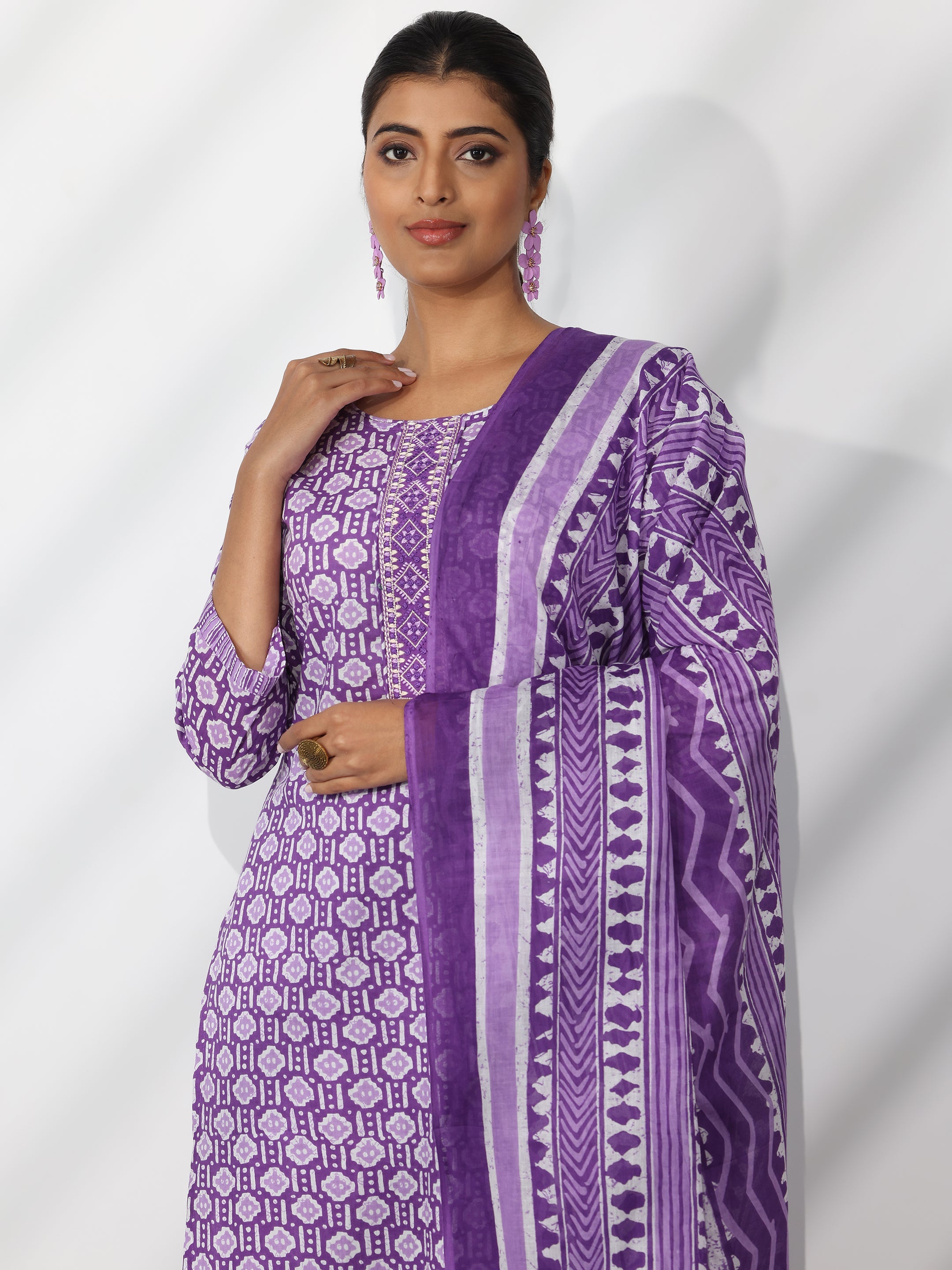 Purple Printed Cotton Straight Suit With Dupatta