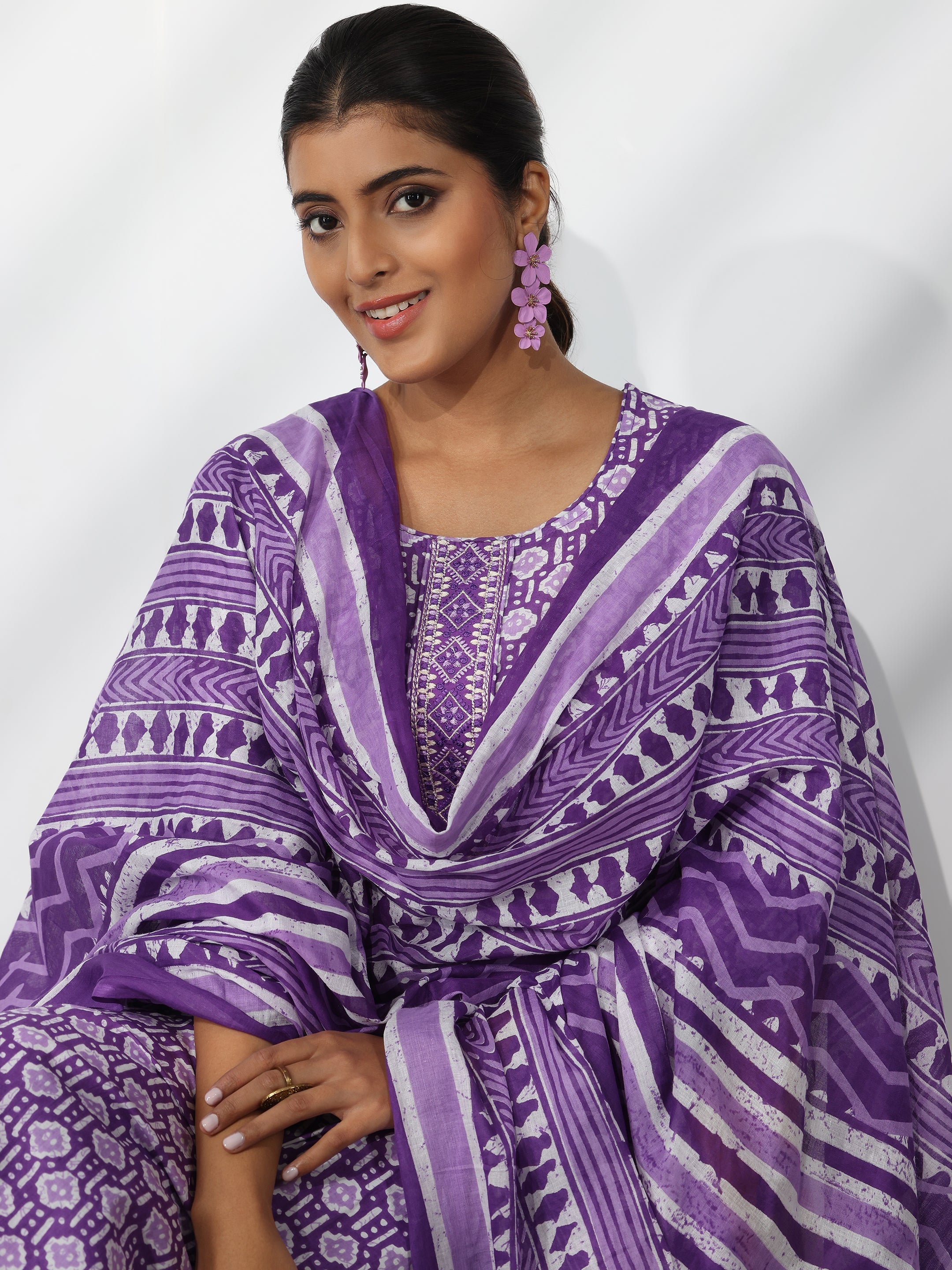 Purple Printed Cotton Straight Suit With Dupatta