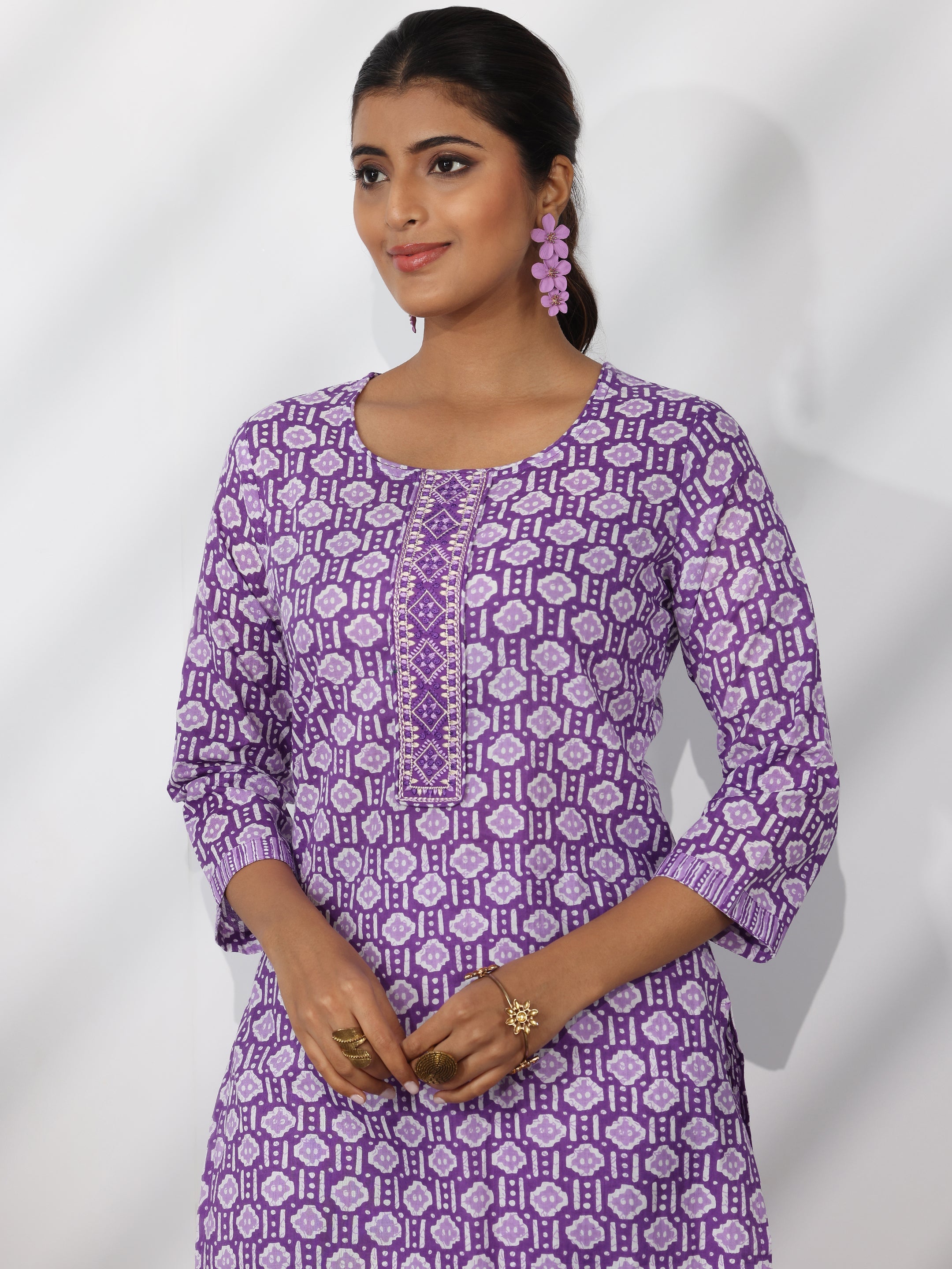 Purple Printed Cotton Straight Suit With Dupatta