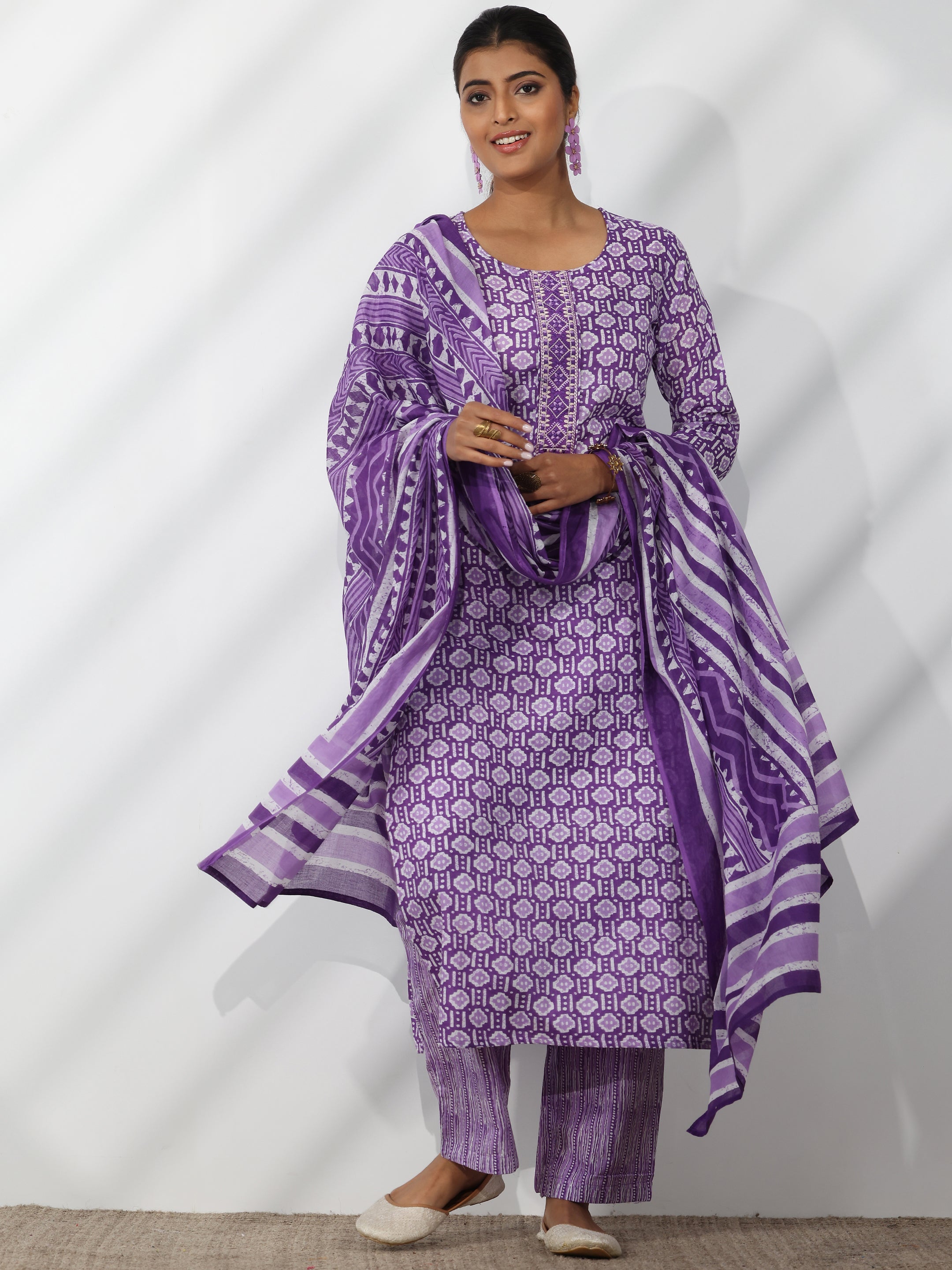 Purple Printed Cotton Straight Suit With Dupatta