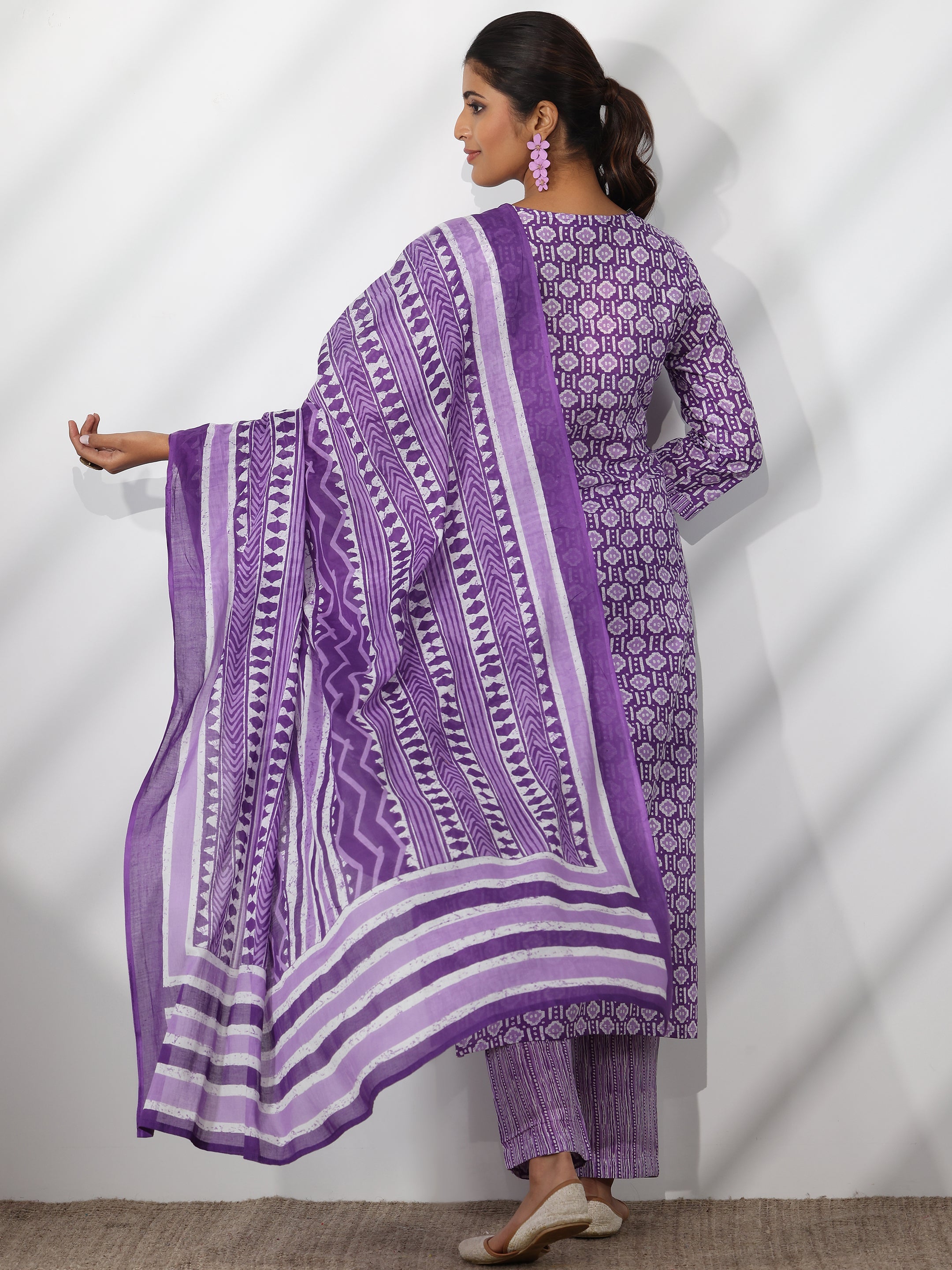 Purple Printed Cotton Straight Suit With Dupatta