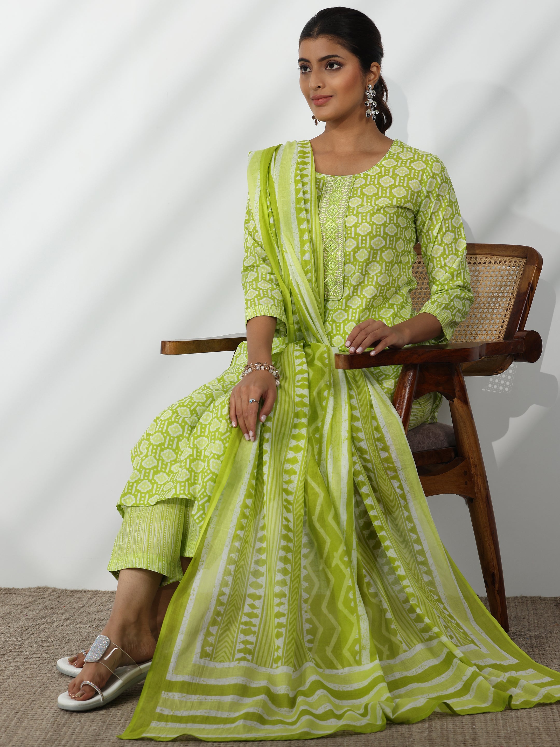 Green Printed Cotton Straight Suit With Dupatta