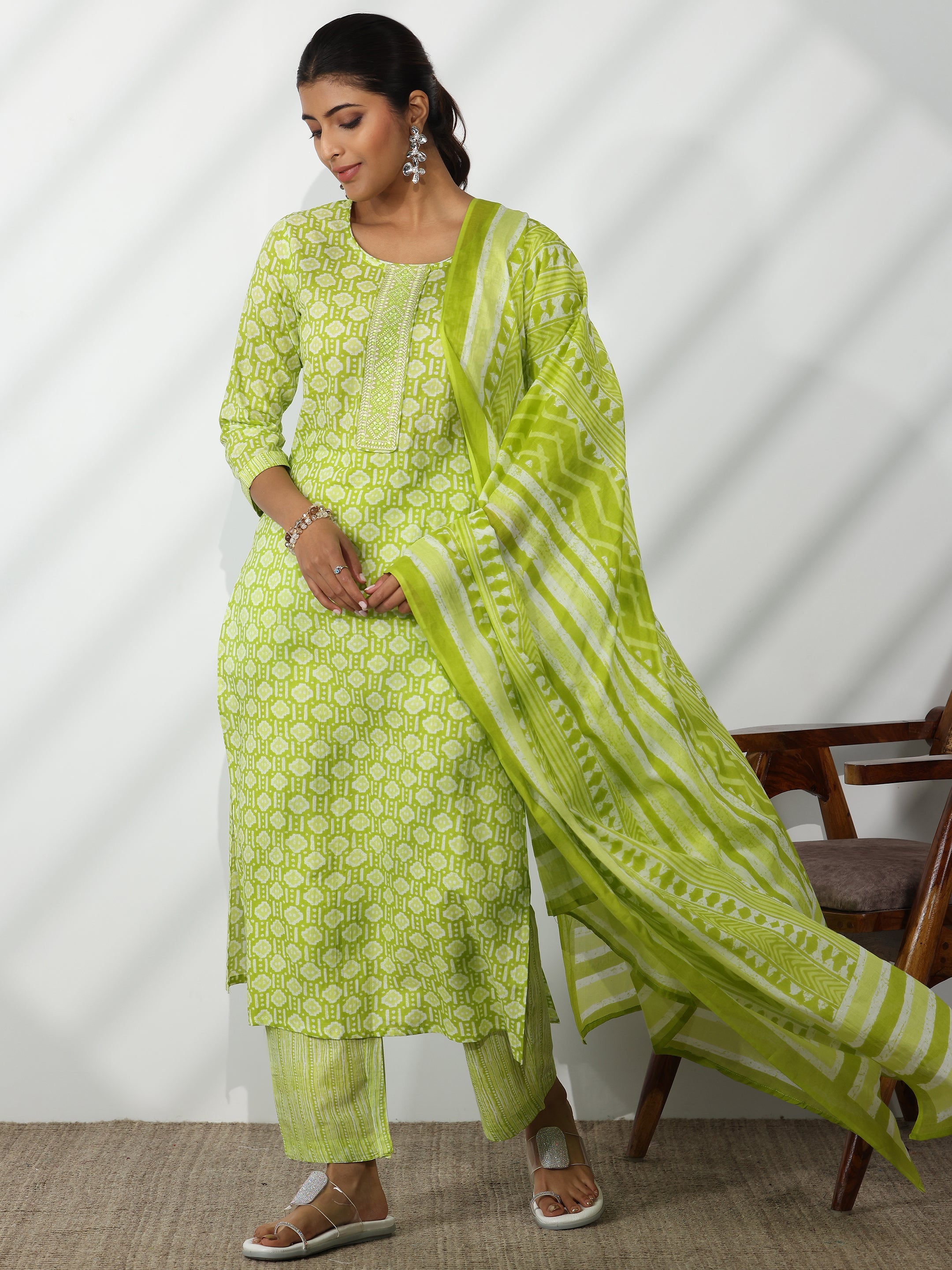 Green Printed Cotton Straight Suit With Dupatta