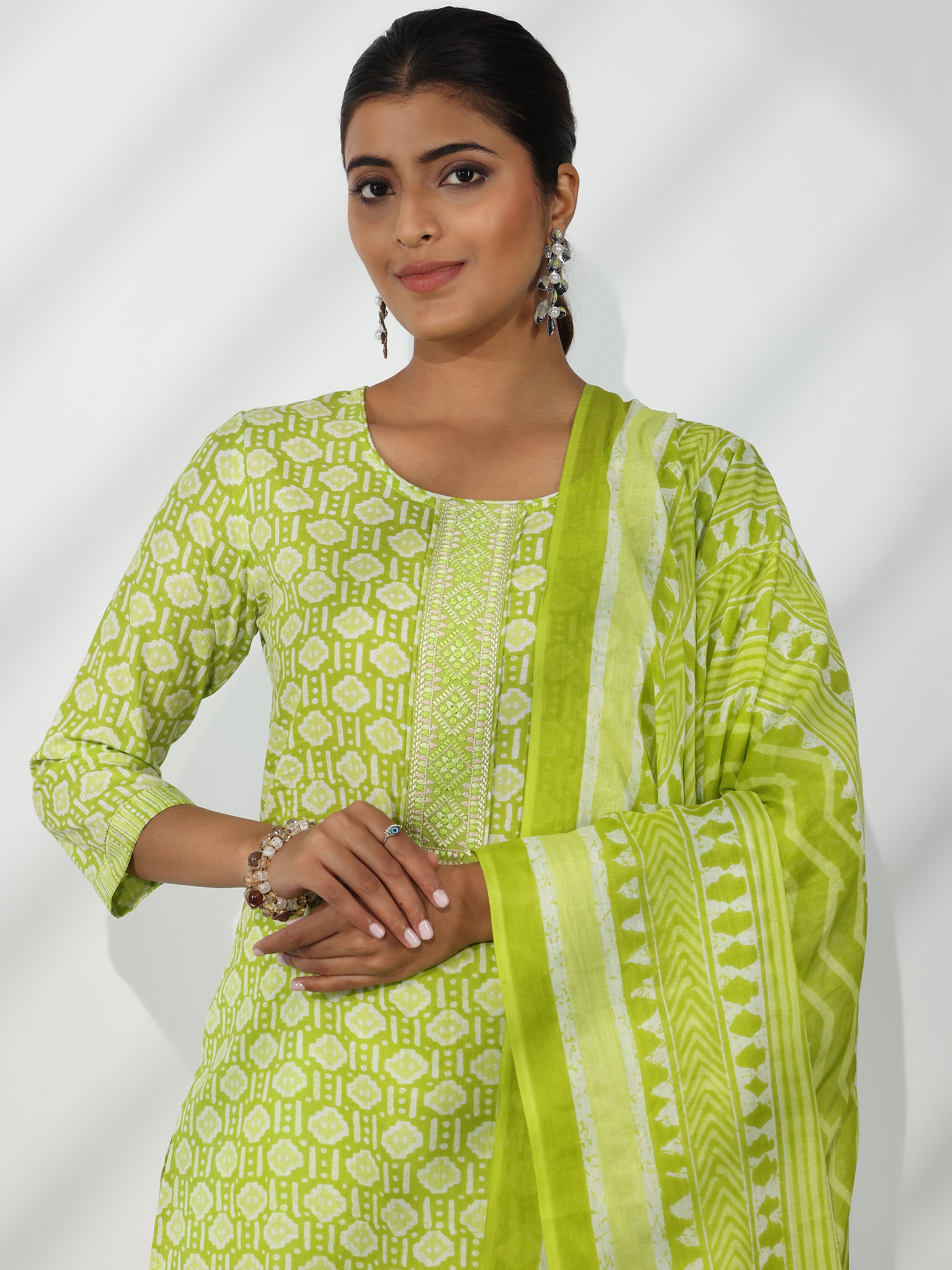 Green Printed Cotton Straight Suit With Dupatta