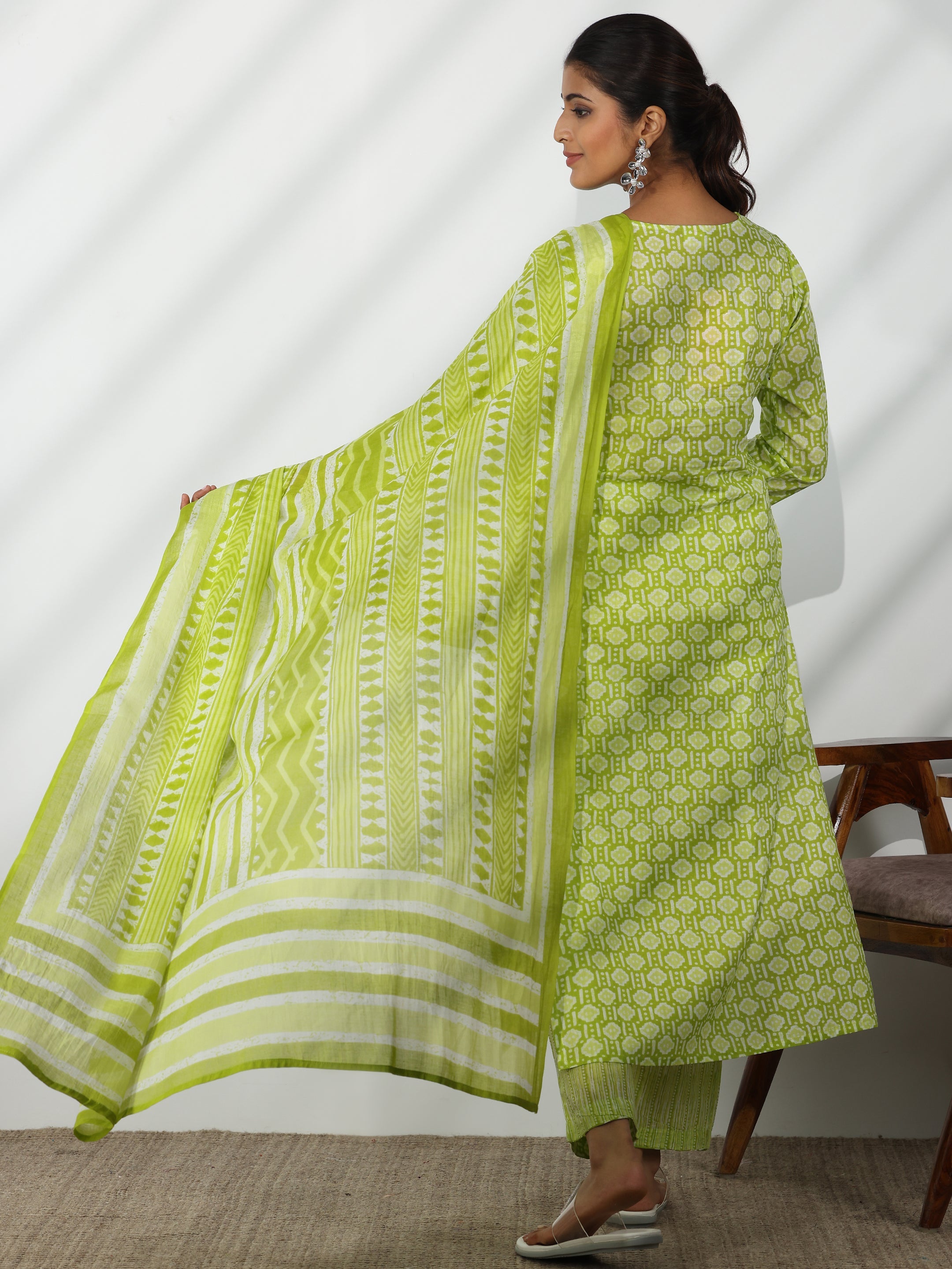 Green Printed Cotton Straight Suit With Dupatta