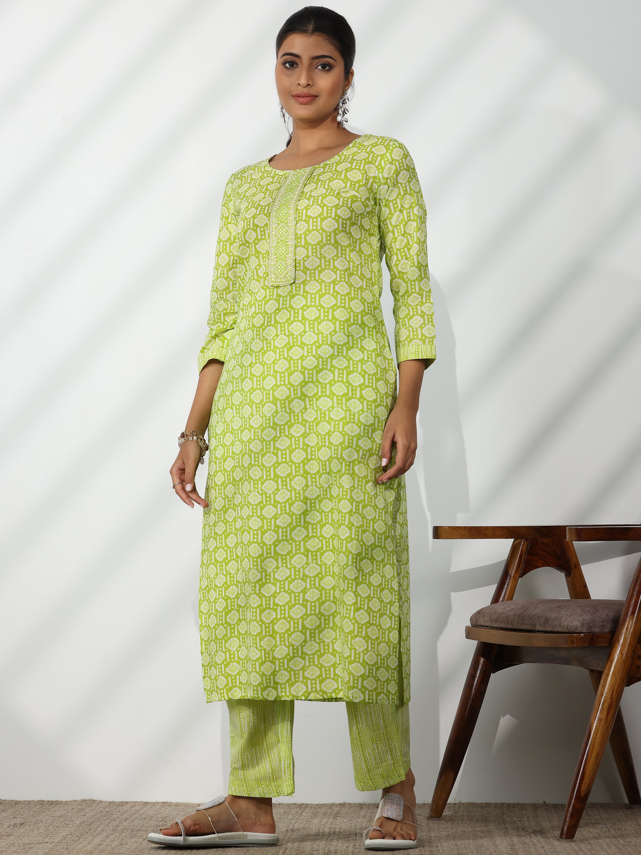 Green Printed Cotton Straight Suit With Dupatta