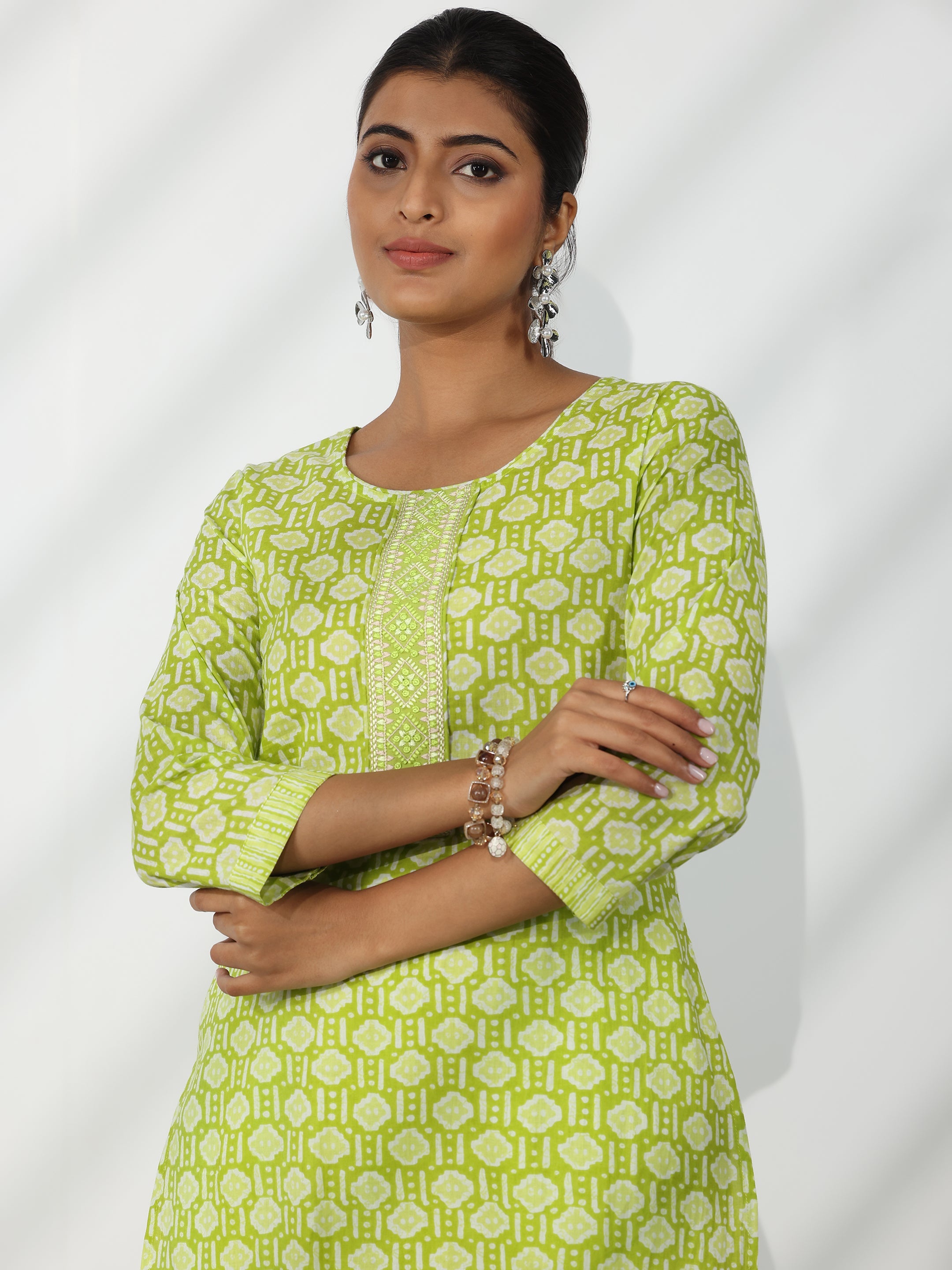 Green Printed Cotton Straight Suit With Dupatta