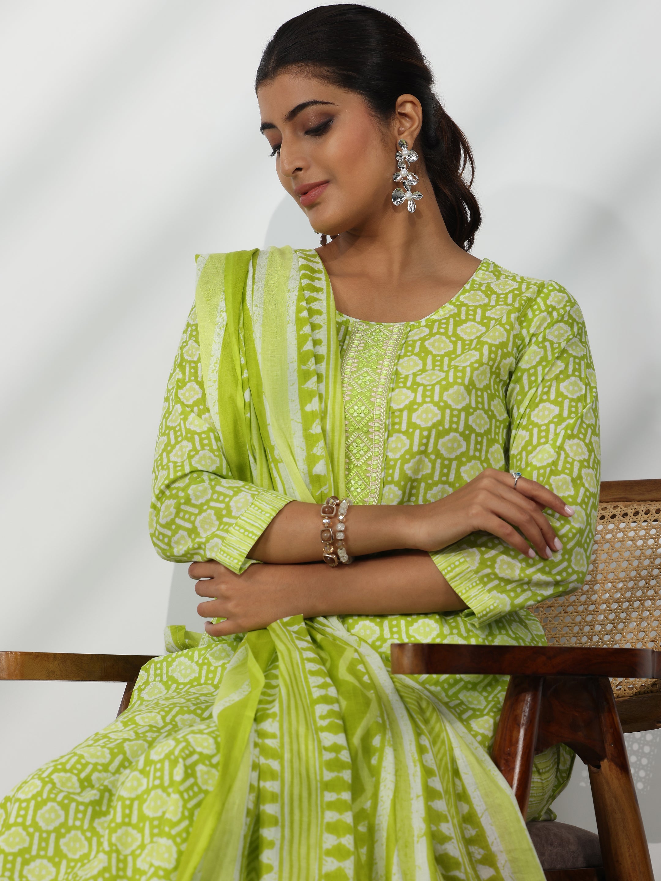 Green Printed Cotton Straight Suit With Dupatta