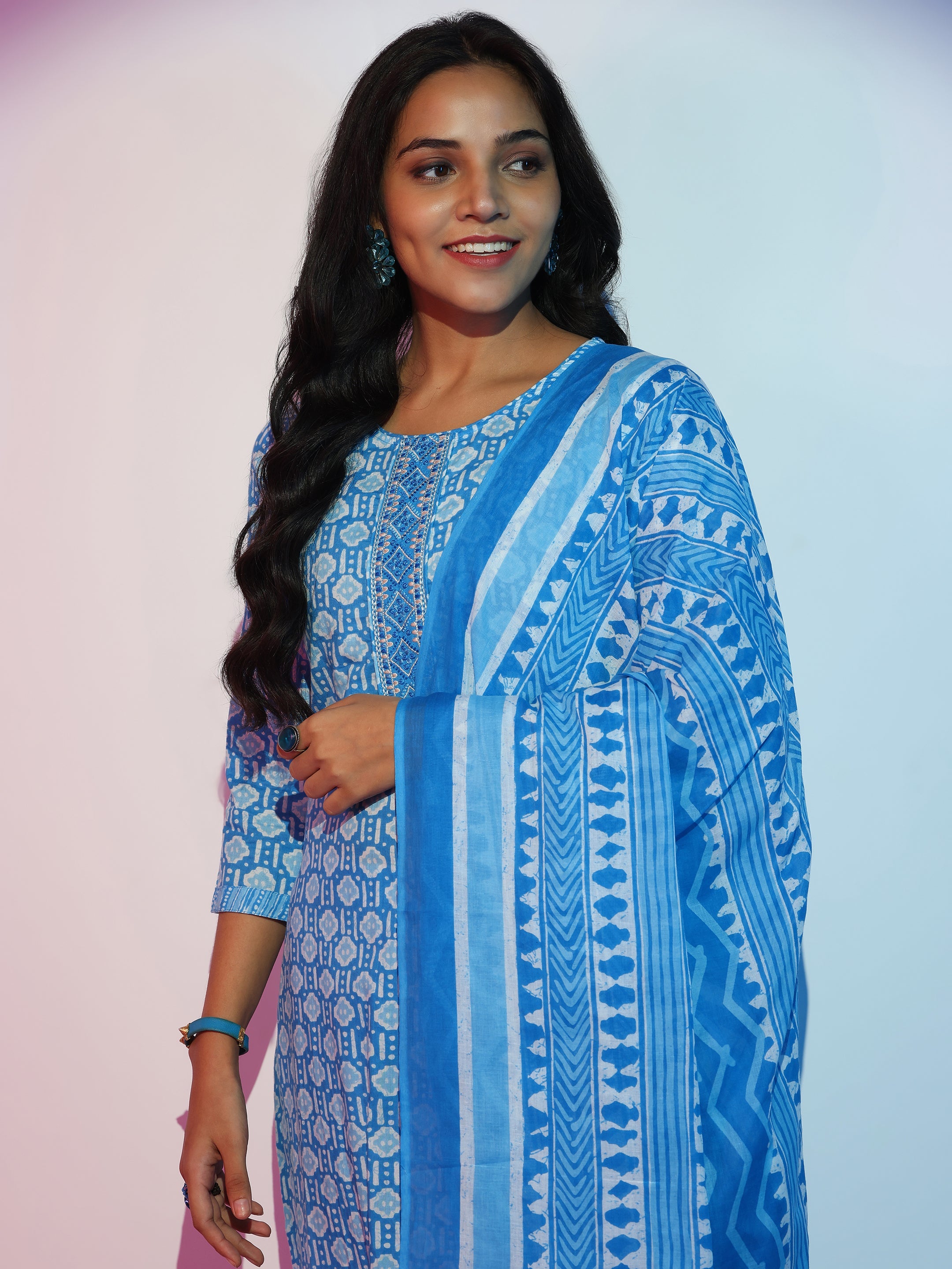 Blue Printed Cotton Straight Suit With Dupatta