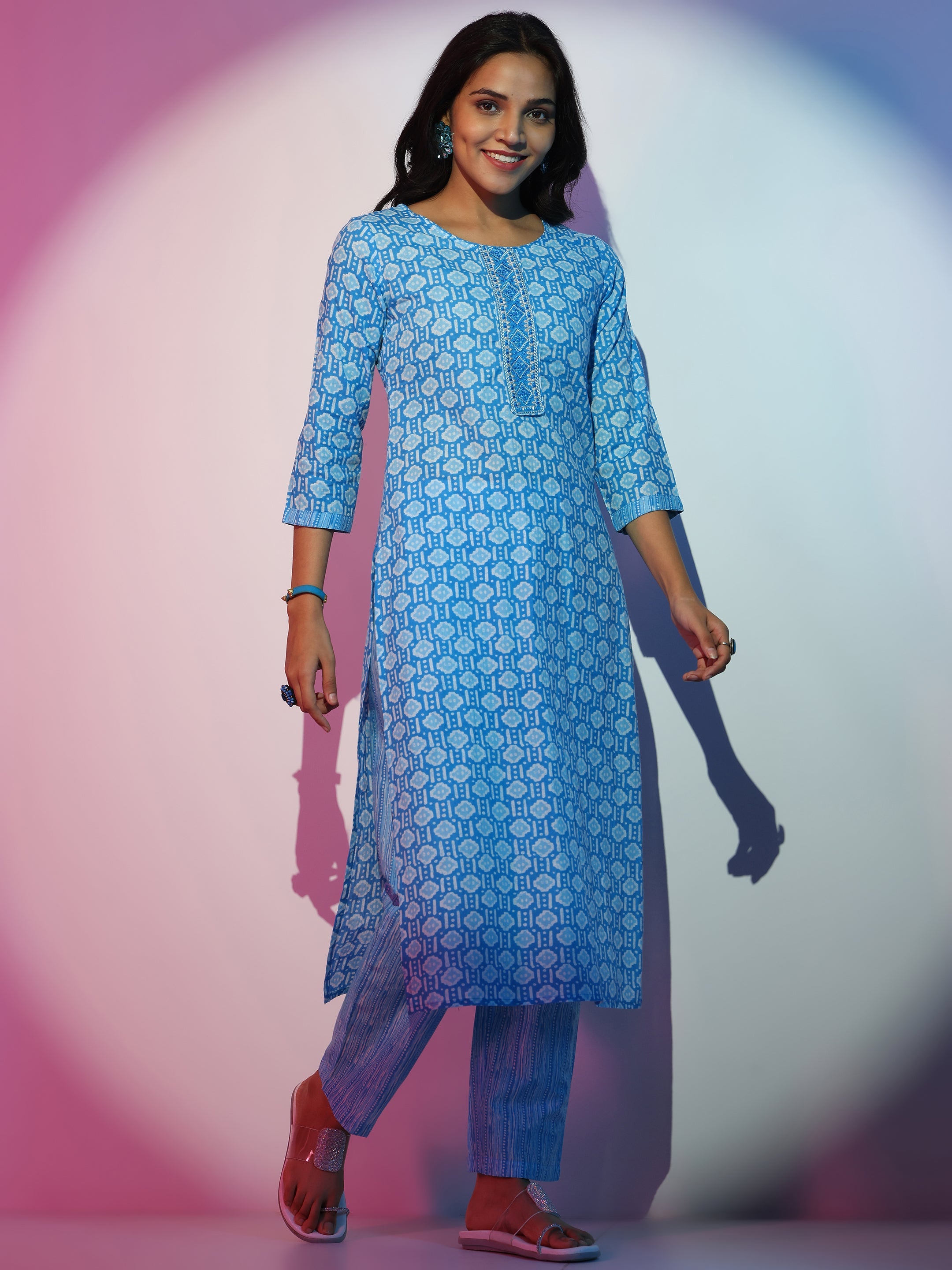 Blue Printed Cotton Straight Suit With Dupatta