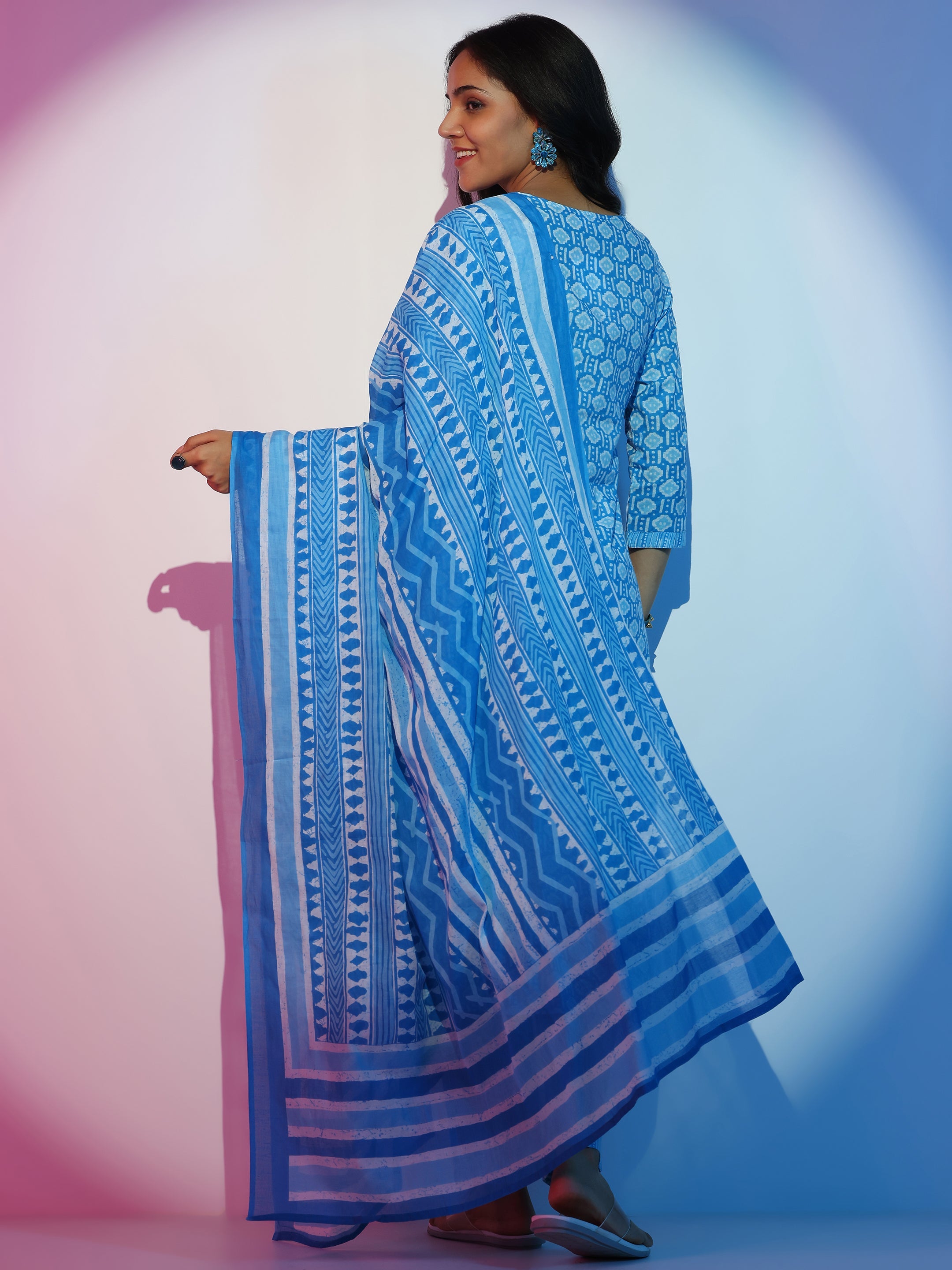 Blue Printed Cotton Straight Suit With Dupatta